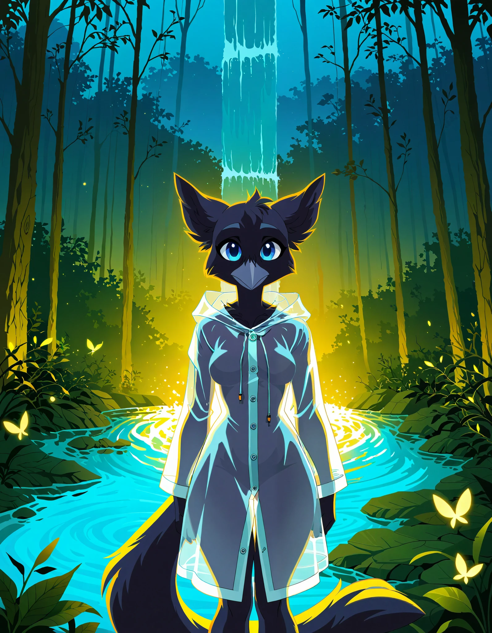 young female tweetfur, shadow creature, ears, beak, (black neck tuft, black body), curvy figure, feathers, breasts, blue eyes, fluffy long tail, translucent raincoat, plastic clothing, three-quarter portrait, looking back at viewer, (kwaza \(ozawk\), sergal:0.6), BREAK, by Mike Winkelmann \(Beeple\), by Ozawk, [by Wildering::0.4], detailed background, detailed foreground, depth of field, ambient silhouette, backlighting, waterfall, night forest, glowing plant, glowing river, foggy, ambient firefly, yellow light