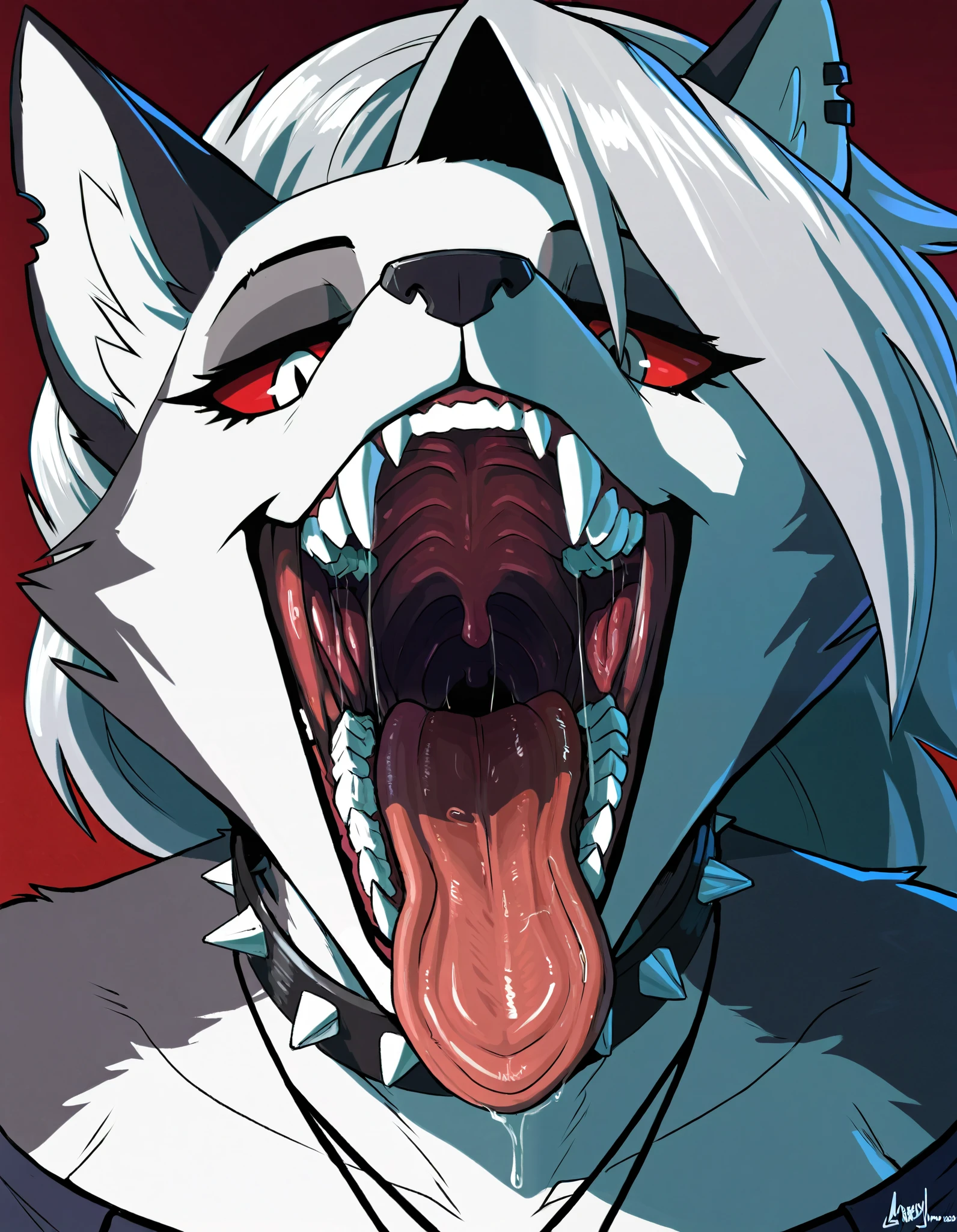 by majmajor, (by greasymojo:1.1), (by mawmain:0.9), hi res, masterpiece, best quality, female,(loona \(helluva boss\):1.0), canine, mouth shot, saliva, uvula, tongue out, imminent vore, open mouth, red sclera, looking at viewer, grey fur, teeth,
