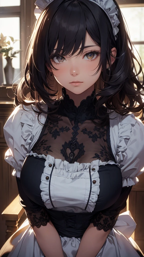 absurdres, RAW photo, extremely delicate and beautiful, masterpiece, Best Quality, ultra high resolution, 32k, hyperrealistic, ultra-detailed, perfect figure, in her 20s, very small head, very small face, delicate facial features, tearful mole, earring, huge breasts, full body shot, medium hair, black hair, intricate Romantic Victorian Gothic Outfit,
