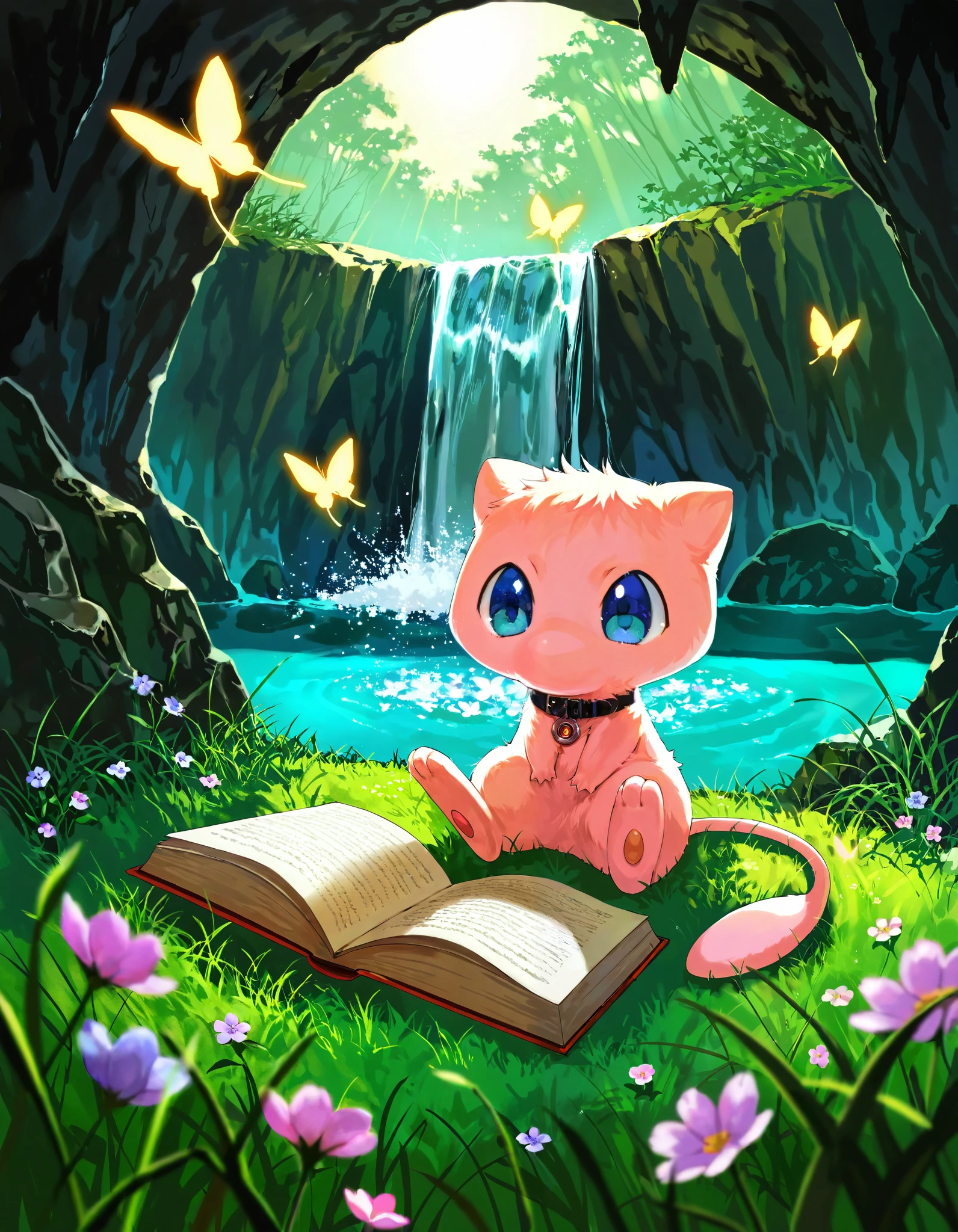 mew \(pokemon\), toony chibi, pink body, blue eyes, round eyes big black collar, reading book, BREAK, by Konbu, by Oouna, detailed background, detailed foreground, depth of field, ambient silhouette, backlighting, [:photorealistic, analog style, realistic, photorealism:0.5], waterfall, flower, ambient butterfly, grass, cave, glowing light, BREAK, excessive fluff, fluffy fur, chibi