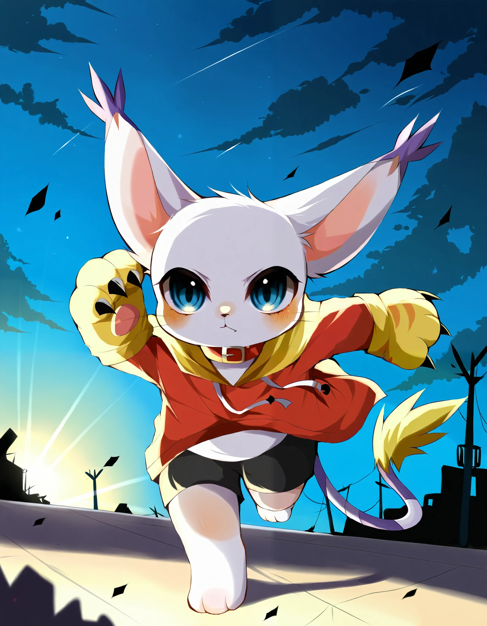 gatomon, running, full-length portrait, action pose, yellow paw glove, claws, red collar, hoodie robe, short pants, BREAK, by Ke Mo Suke, by Fredek666, by Studio Ponoc, detailed background, detailed foreground, depth of field, ambient silhouette, backlighting