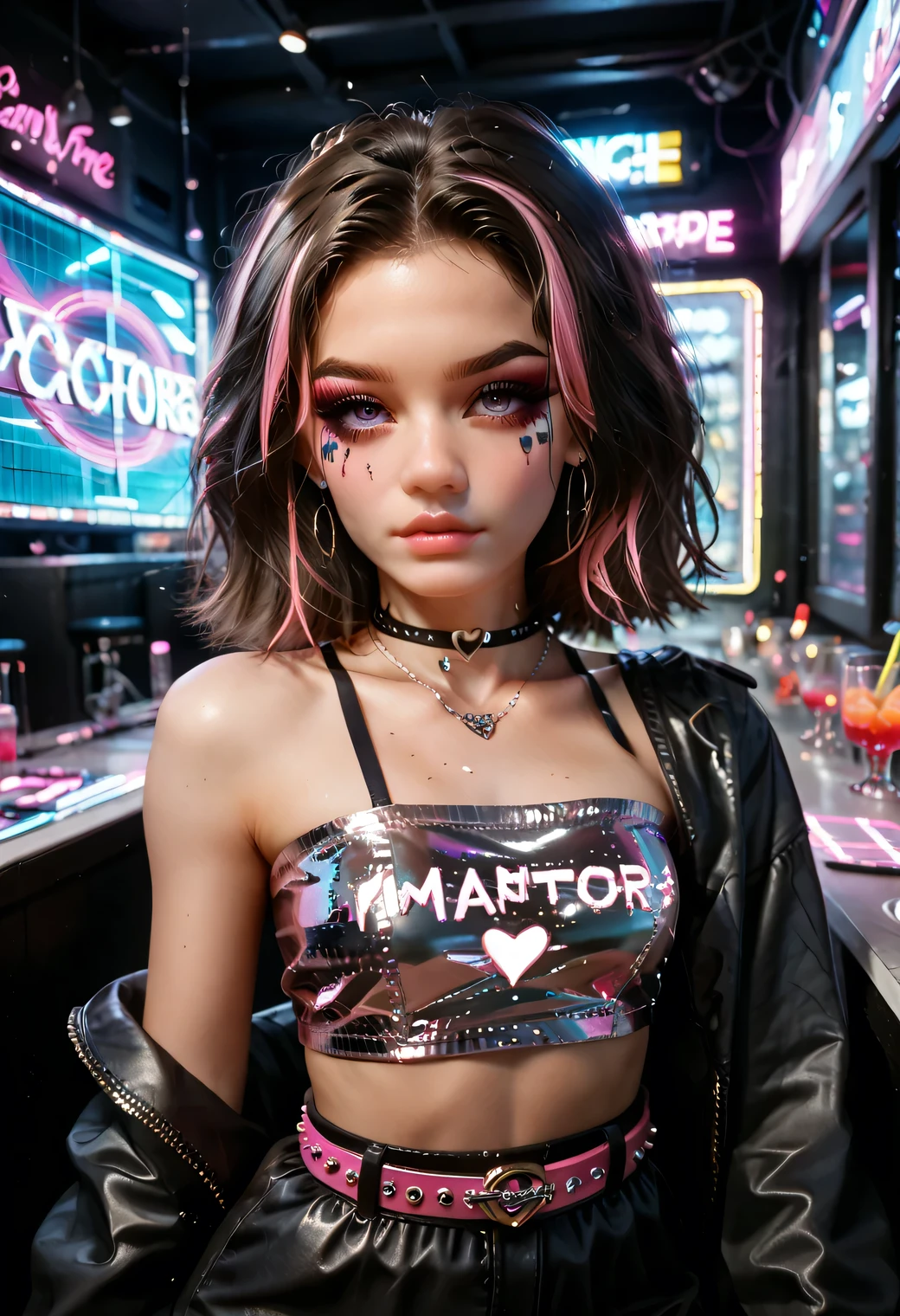 score_9, score_8_up, score_7_up, score_6_up, rating_explicit, best aesthetic, 8k Full-HD digital image, nsfw, ultra-detailed, absurdres, photorealistic, megapixel digital photograph, complex and hyperdetailed setting, raw photo, full body shot, glamour, sex appeal, brilliant club background, memeable location, club interior, sensual, nightlife, neon strobe, (masterpiece), best quality, expressive eyes, perfect face, 1girl, egirl, scene girl, 21yo mixed race woman, medium_tan skin, dark hair, short styled hair, pink-streaked hair, warm complexion, curvy, perky upturned breasts, mesugaki, cropped Halter-neck top, clothing cutouts, heart_cutout, stylish fashion, glitter belt, miniskirt, perfect egirl makeup, club girl vibe, sassy gal, promiscuous girl, (vaporwave aesthetics, dreamcore aesthetic, sleazy:1.2), 8k absurdres digital illustration, bratz, stylish chibi artstyle, youth culture, fresh, pastel neon, light particles, love particles, heart symbol, love effects , light_particles, dream effects, photo filters, (surreal and vivid background, sexy clubbing vibe)