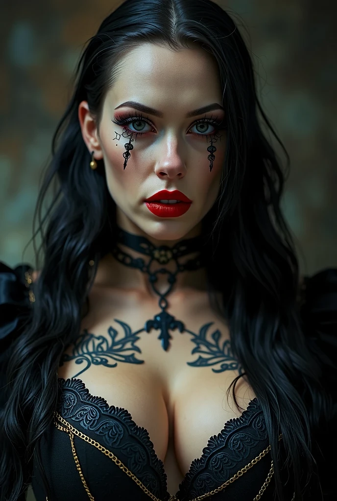 Hyper realistic photo perfect succubus vampire, sexy seductive facial features, tattooed face, smooth snow white skin, thin curved black eyebrows, Black eyeliner, dark black eye shadow, neon blue eyes, crazy eyes, thick black lipstick, curved lips, extremely detailed long black wavy hair, vibrant red highlights, earrings, lip piercings, choker collar with chains, ((complete fullbody)), larg voluptuous breast,detailed small perky nipples, tattooed breast,devil tattooed Sternum underboob, tattooed stomach, slim waist, toned hips, toned thighs, tattooed back, tattooed hips, teenage vagina, perfect pussy, thick toned ass, demonic tattooed vagina, demonic tattooed ass,