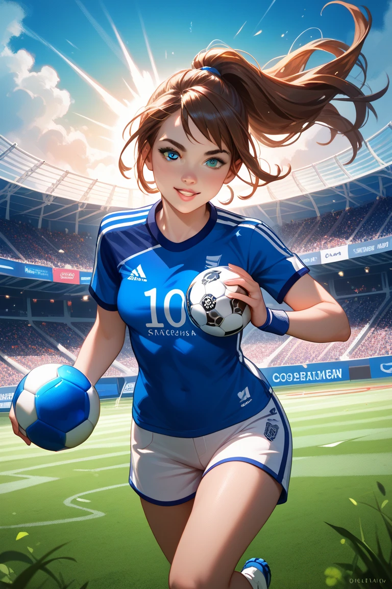 Female soccer player with big breasts like soccer balls