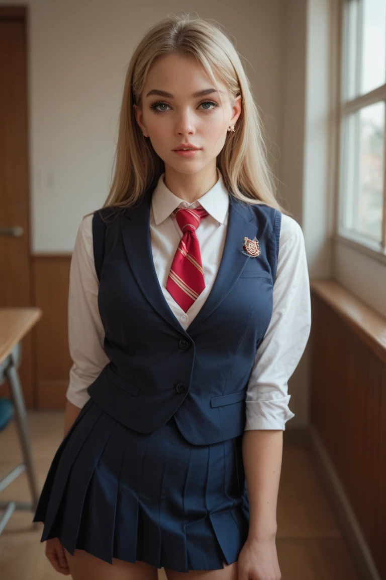 1 girl, Alone, work of art, a beautiful woman, 20-year-old woman, intricate details, realistic, blurred background, focus,

Lighting, cinematic,

Close, detailed eyes,

Bright hair, bright, shiny skin, shiny clothes,

Blonde hair, blue eyes,

Black skirt, white shirt, red tie, serreds,

Beautiful Delphine