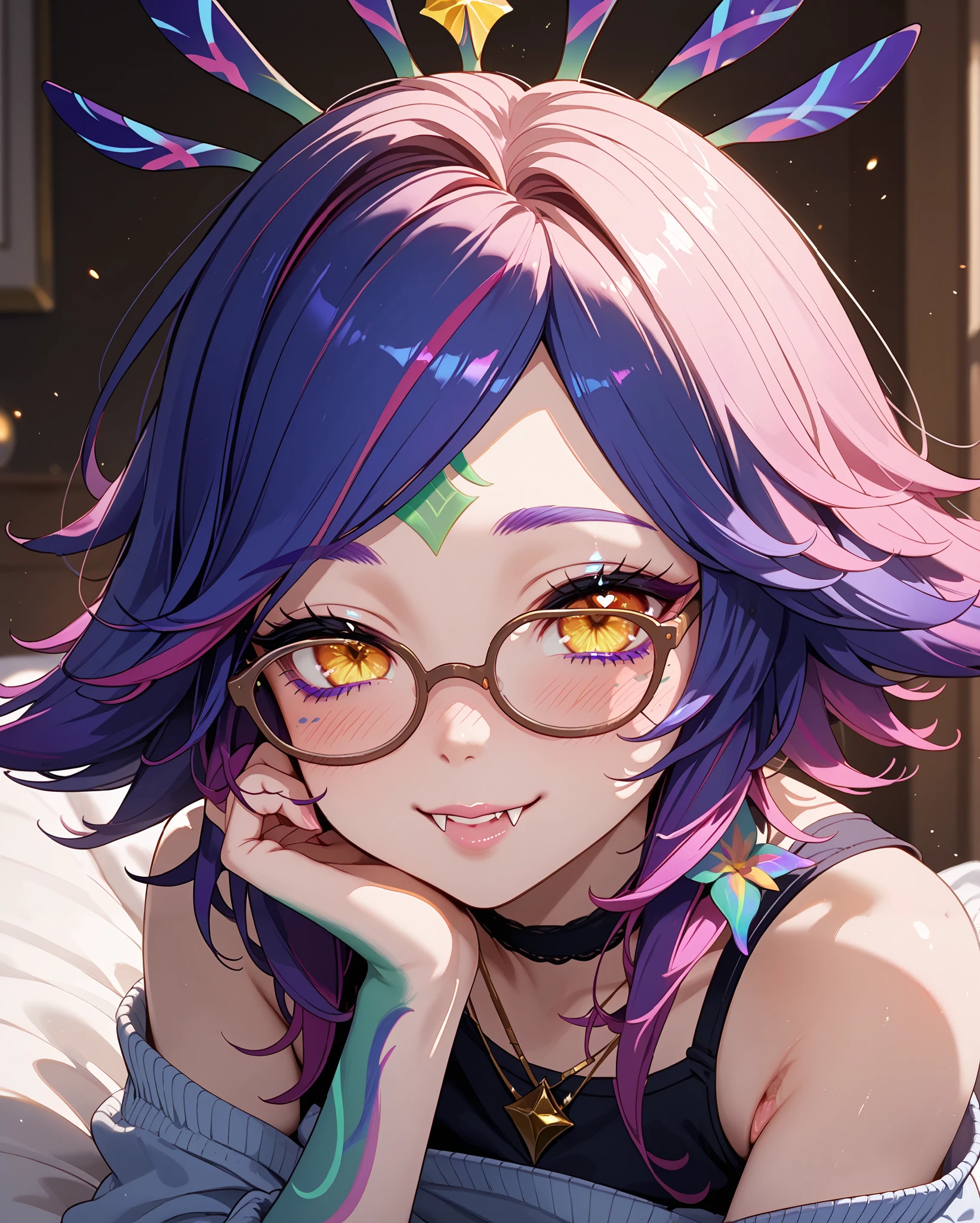 masterpiece, high resolution, best quality ,8k (League of legends Neeko ) (Brown glasses) silent pose, blushing, ebarrasing, alone, high purity eyes, lewd smile, look of disinterest, sexual pose, casual clothes, looking at you , duck mouth, half eyes closed, show fangs, closed up, galaxy eyes, (love blush:1.5)