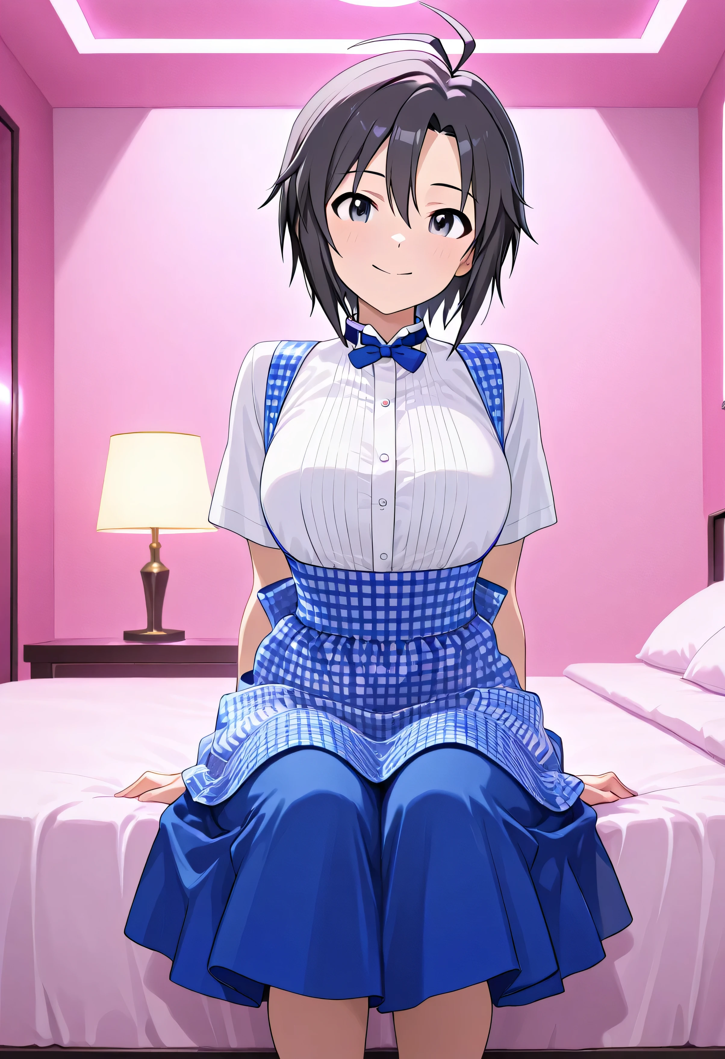 The Idolmaster, 1girl ,Kikuchi Makoto ,hotel bed,kobeya uniform,blue bow, blue bowtie, white shirt, short sleeves, blue skirt, Blue apron, gingham apron, employee uniform, high-waist skirt,big breasts,smile, slouching ,(beautiful girl:1.3),masterpiece,Please redeem,Ultra-high resolution,rich contrast,Very high quality,8k,Highly detailed CG unit wallpaper,Texture,So ridiculous,RAW Photos,Highest quality anime,anime-style illustration,studio anime style,professional photograph,an extremely delicate and beautiful,Depth of written boundary 1.2,Glowing Skin,Beautiful glossy lips,(room illuminated by pink lights),( button)