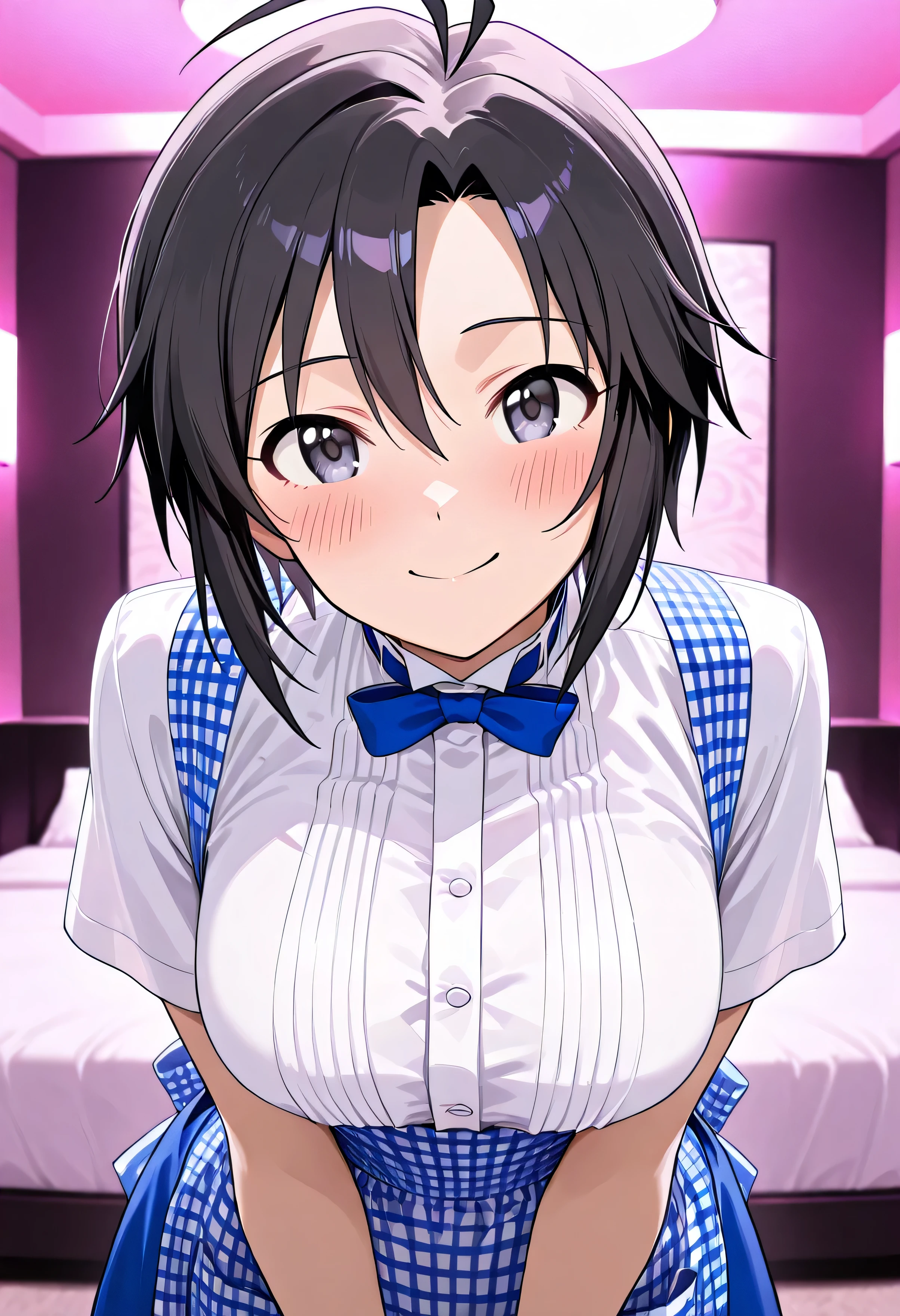 The Idolmaster, 1girl ,Kikuchi Makoto ,hotel bed,kobeya uniform,blue bow, blue bowtie, white shirt, short sleeves, blue skirt, Blue apron, gingham apron, employee uniform, high-waist skirt,big breasts,smile,(beautiful girl:1.3),masterpiece,Please redeem,Ultra-high resolution,rich contrast,Very high quality,8k,Highly detailed CG unit wallpaper,Texture,So ridiculous,RAW Photos,Highest quality anime,anime-style illustration,studio anime style,professional photograph,an extremely delicate and beautiful,Depth of written boundary 1.2,Glowing Skin,Beautiful glossy lips,(room illuminated by pink lights),((( my eyes are moist))),(blush:1.5),Embarrassing,blush,Leaning forward,Looking up,Tilt your head