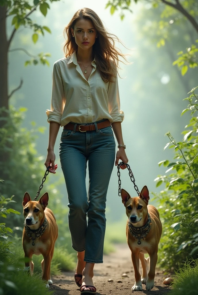 Draw a woman walking with a dog collar