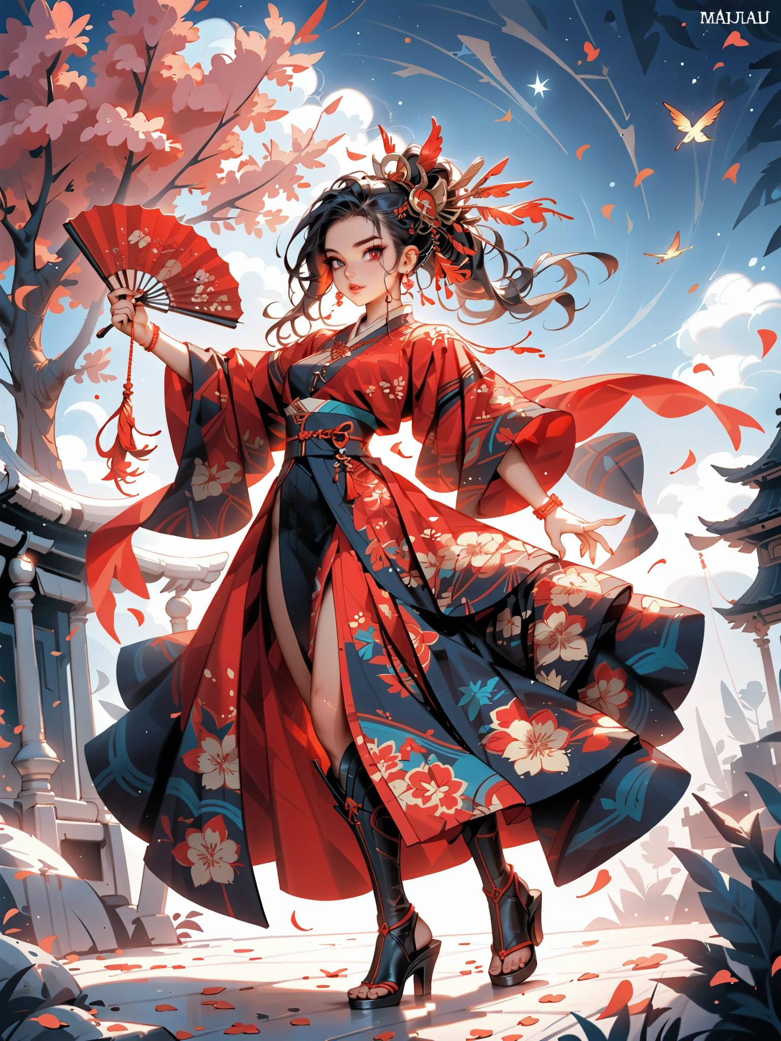 dynamic pose(Foldable Silk Fanを優雅に開き、dancing Japanese dance,)Beautiful age girl illuminated by the moon(A deep smile, black hair,slender figure,supple and curved proportions that glow in Prism School's rainbow colors）A large amount of rainbow-colored particles swirl around the center。
(Foldable Silk Fan)、(Sumptuous gold thread embroidered cherry blossoms and auspicious patterns、The finest red silk kimono、)Gold-embellished hairpin、Sandals。
Weeping cherry blossoms 、Cherry blossom petals soar in large numbers,Jet black night sky 、starry sky。
An anime picture that looks like it was drawn by a top illustrator。
