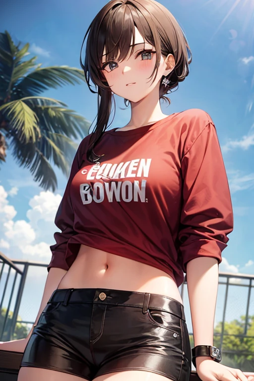 ((1Girl)), ((18yo)), slightly emo, pale skin, slightly rosy cheeks, freckles, wavy black hair, side-swept bangs, tomboy, slightly thick eyebrows, black eyes, ((aquiline nose)), smiling, t-shirt, denim shorts, converse sneakers, bracelets