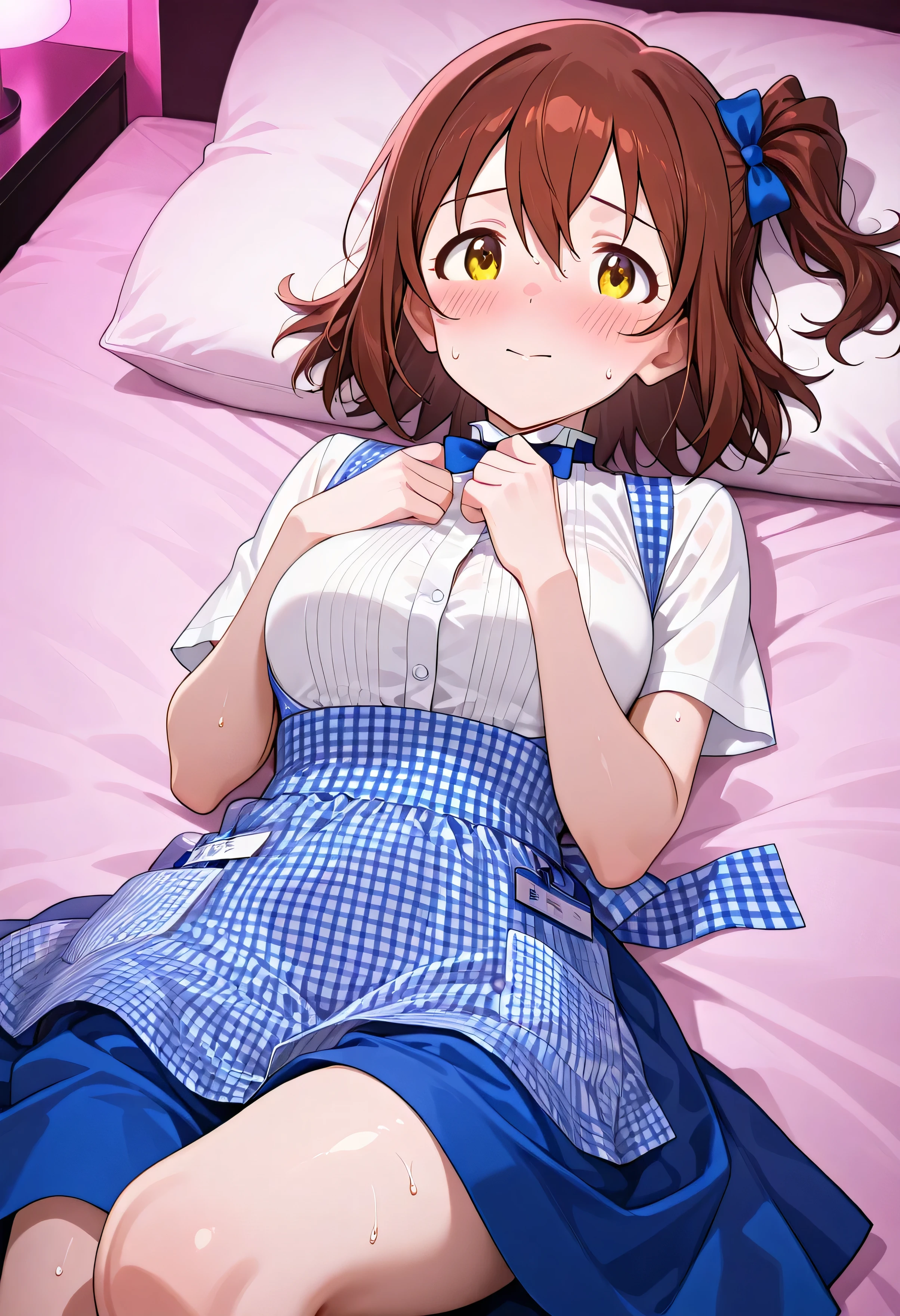 The Idolmaster Million Live,Mirai Kasuga, 1girl , Alone, brown hair, short hair, yellow eyes, short hair,one side up,(hotel bed),kobeya uniform,blue bow, blue bowtie, white shirt, short sleeves, blue skirt, Blue apron, gingham apron, employee uniform, high-waist skirt,sweat,wet, lying down ,medium breasts,(((blush))),I'm removing the button to show my boobs,(beautiful girl:1.3),masterpiece,Please redeem,Ultra-high resolution,rich contrast,Very high quality,8k,Highly detailed CG unit wallpaper,Texture,So ridiculous,RAW Photos,Highest quality anime,anime-style illustration,studio anime style,professional photograph,an extremely delicate and beautiful,Depth of written boundary 1.2,Glowing Skin,Beautiful glossy lips,(room illuminated by pink lights),