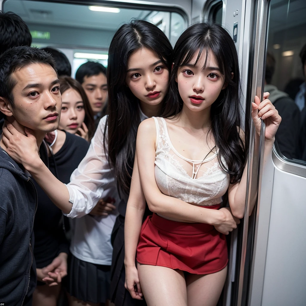 Super high quality、realistic、Crowded train only for high school girls、on the train、from above、Group photo、high school uniform、Surrounded by many high school girls、looking at the camera、High school girls are watching us、super detailed、realistic、Crowded train full of high school girls、bra、panties、Completely naked