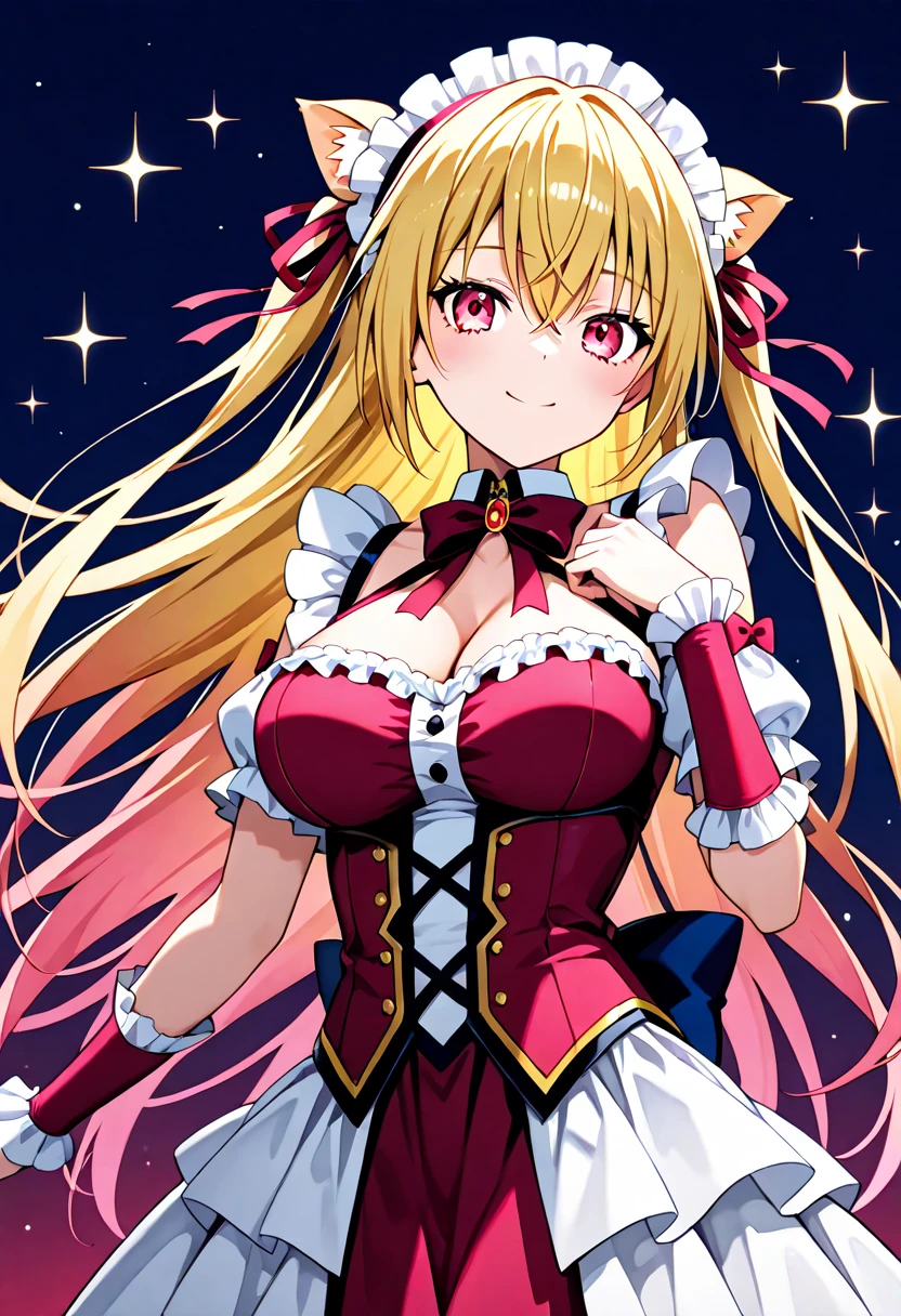 ((masterpiece、Highest quality))1 person、upon、uponコン、Like、cute、cute、My Favorites 、alone、Idol、Red Skirt、white golden hair、Super Long Style、Red eyes、album、smile、smile、dance、sing、sight、Red cheeks、vocalist、 cuteポーズ、Loud cheers、Shoulder Bare、ribbon、Pretty Cure Costume、Cleavage