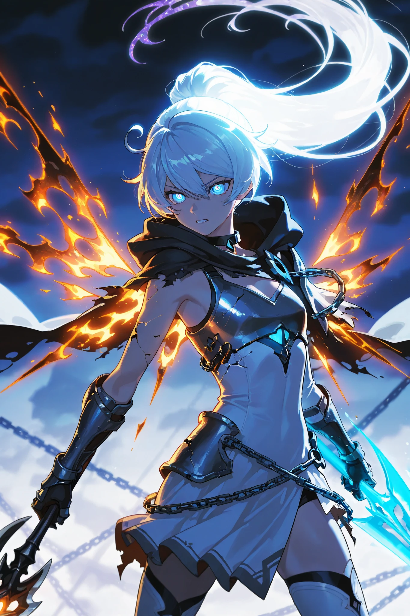 Anime illustration, detailed anime artstyle, cinematic background, extremely detailed background, backlighting, backlit, cold light, colorful, light reflection, solo, 1girl, (cowboy shot, upper body shot:1.2), asymmetrical armor, detailed skin, extremely detailed eyes, dynamic pose, Kiana, pure shining white hair, [long hair, high ponytail|(black flames, burning hair:1.2):0.4], kiana kaslana, flat chest blue eyes, bright eyes, glowing eyes, ringed eyes, HoF_Def, dress, white dress, white breastplate, clothing cutout, broken armor, cracked armor, battle dress, (broken clothes, clothes break:1.1), [shredded cape, broken cape|burning wings], [blue liquid flames, wielding a greatsword|(swordstaff, glaive, black flames, black napalm:1.2):0.5], sports bra, cloak, d4rkr34p3r, armor:pauldrons, hood, choker, gauntlets, chain:thighhighs, half-skirt, high heel boots, clenched teeth, serious expression