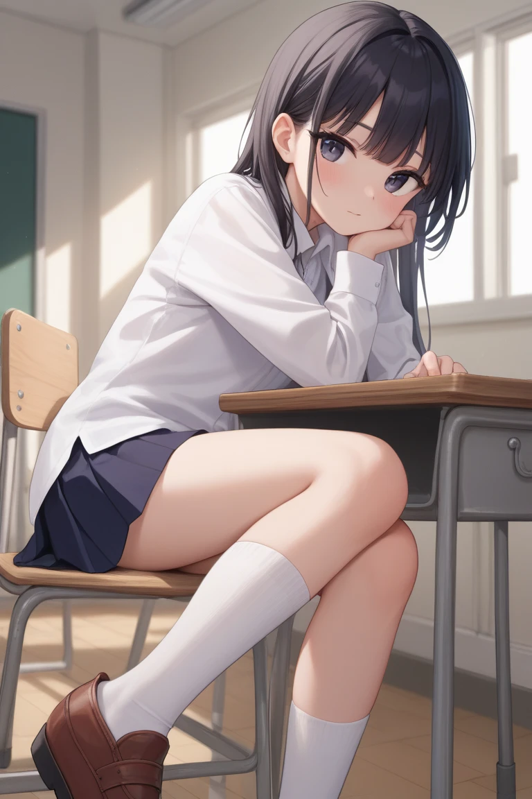 ((1 girl))、laughter、blush、shirt、のskirt、、((fun))(small breasts)、chiralism、hair、()、(黒いskirt:1.3)、bow, button, 襟の付いたshirt, long sleeve, マイクロskirt, プリーツskirt、(Jacket)、 skirt, socks, thighs, 白い shirt, Rest indoors, ((classroom:1.5))、 BREAK looking at viewer、skirtの破れ,(skirtを掴む:1.5)、 (perfect hands, perfect anatomy)、(squat:1.3),(Very detailed white panties:1.3)、(Very detailed panties:1.3)、、(skirt that rolls up:1.3)、(fully exposed panties:1.5)、