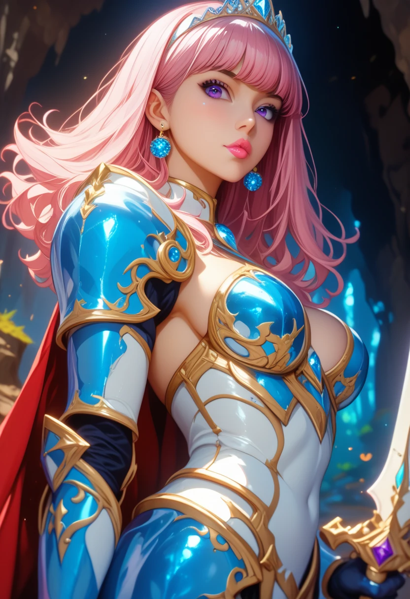 Woman, long wavy hair, pink hair, blue eyes, elf, wearing armor, sitting, sexy, armor,Sitting on the throne