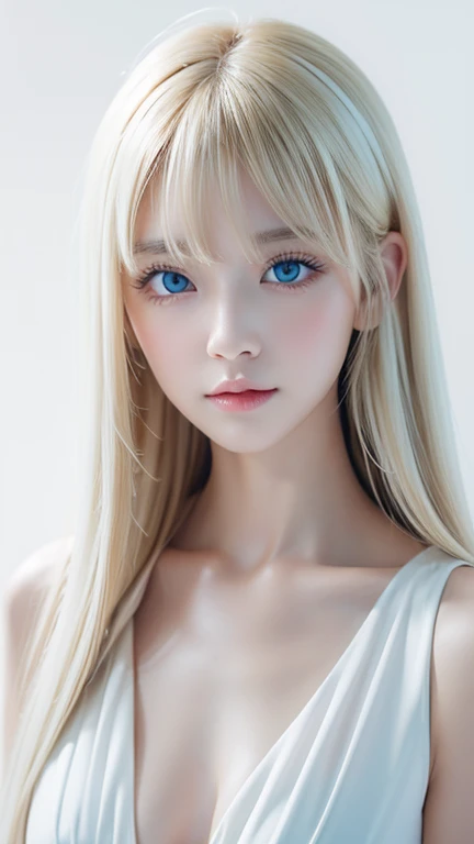 Beautiful white and shining skin、Blonde hair that changes color depending on the light、Long bangs between the eyes obstruct vision、Shiny highlights on the cheeks、Sexy and very beautiful nice cute gorgeous face、The most beautiful face in the world、Super long gorgeous spare blonde hair、Smooth straight hair、Large Breasts, Huge, bright, Light blue eyes、Beautiful Bangs、Beautiful cute girl.Small Face Beauty、Cheek gloss highlighter