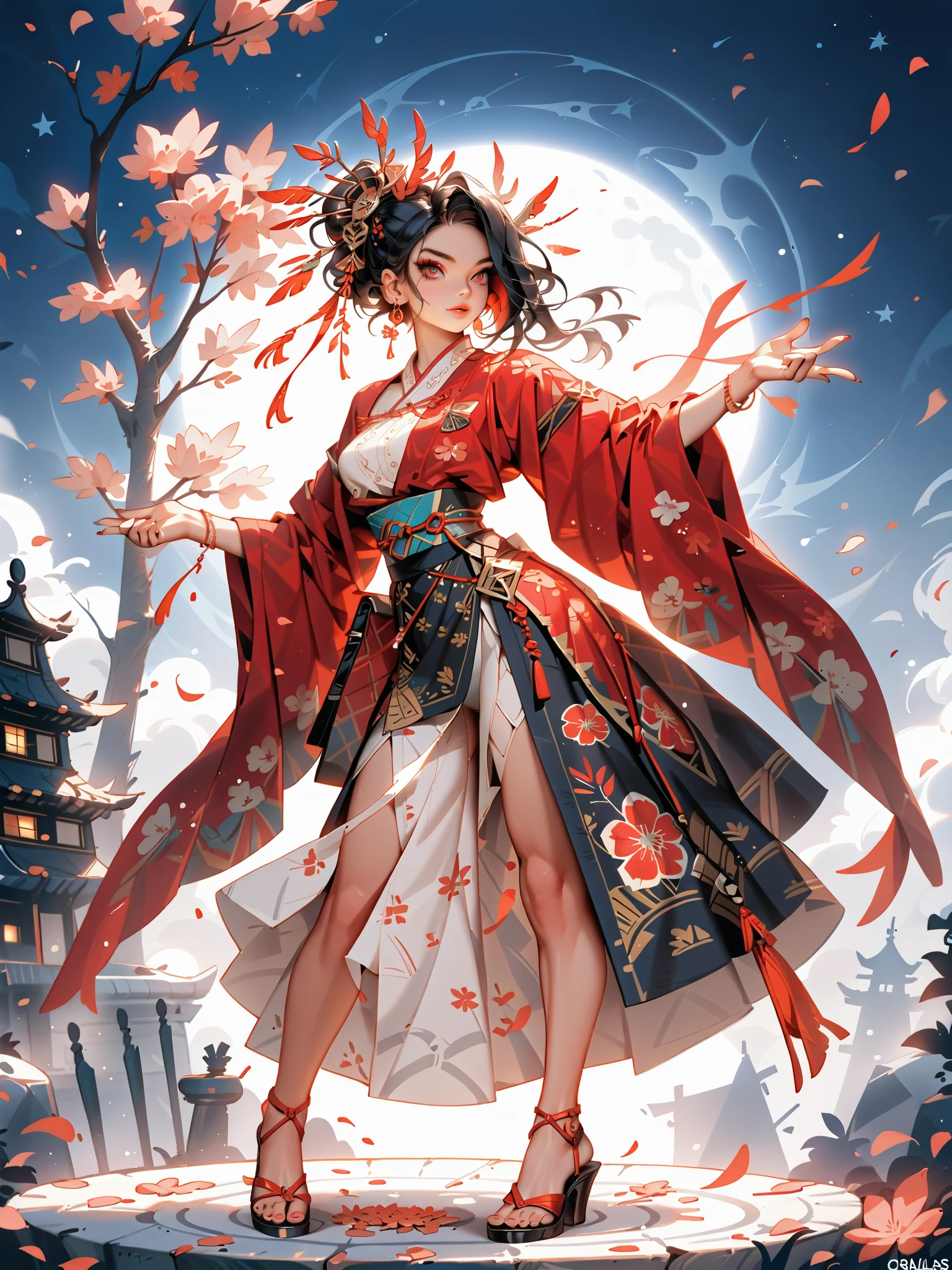 dynamic pose(Foldable Silk Fanを優雅に開き、dancing Japanese dance,)Beautiful age girl illuminated by the moon(A deep smile, black hair,slender figure,supple and curved proportions that glow in Prism School's rainbow colors）A large amount of rainbow-colored particles swirl around the center。
(Foldable Silk Fan)、(Sumptuous gold thread embroidered cherry blossoms and auspicious patterns、The finest red silk kimono、)Gold-embellished hairpin、Sandals。
Weeping cherry blossoms 、Cherry blossom petals soar in large numbers,Jet black night sky 、starry sky。
An anime picture that looks like it was drawn by a top illustrator。
