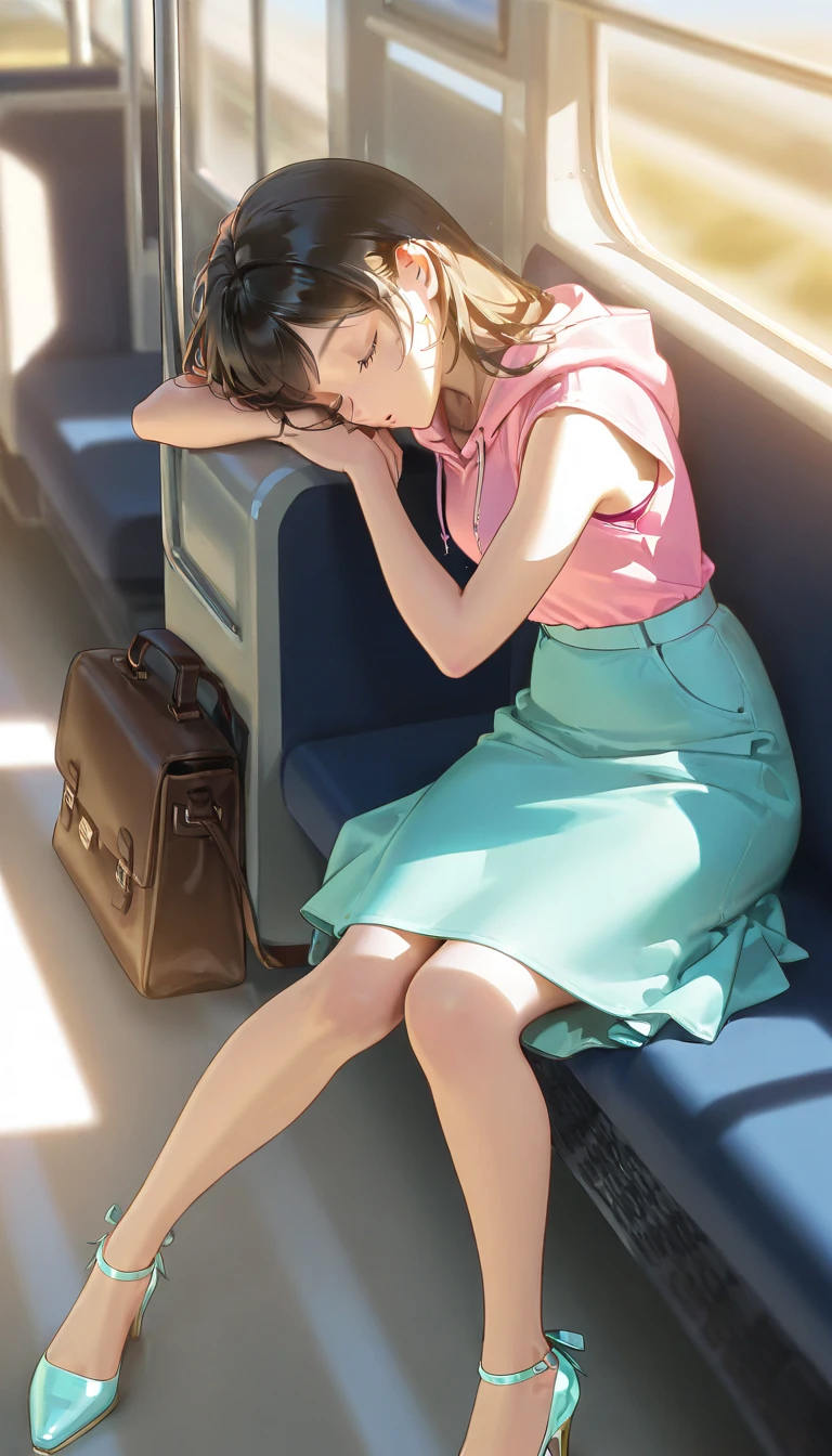 (masterpiece, best quality, 8k, RAW photo, beautiful and aesthetic:1.2), complex detail, Indirect light, photorealistic, full body, (sitting in train, black seats) Bohemian paisley circle skirt in earthy brown with a button-front closure, women , sitting chair , under skirt, thighhighs, underwear, (panties visible), pantyshot, glowing, closed eyes, sleeping, parted_lips