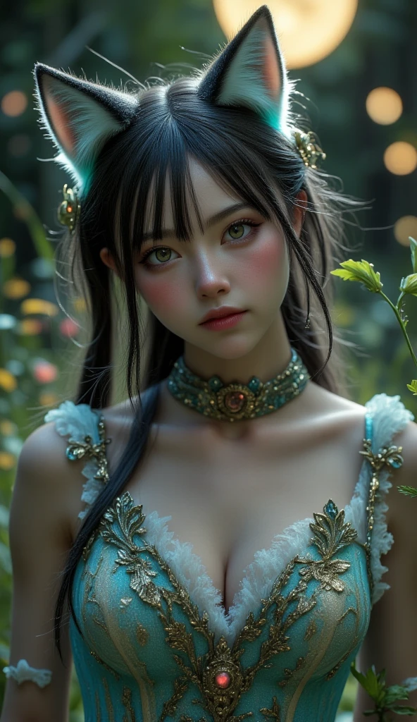 masterpiece, highest quality, Ultra-high resolution, Fluorescent color,, 1 girl, Looking at the audience, Beautiful Face, Beautiful Eyes, (Off the shoulder: 1.2), Lift your head, Upper Body, forest, Shiny Hair, Shiny skin, Shining Cut, Little, Adjusting the Finger Ratio