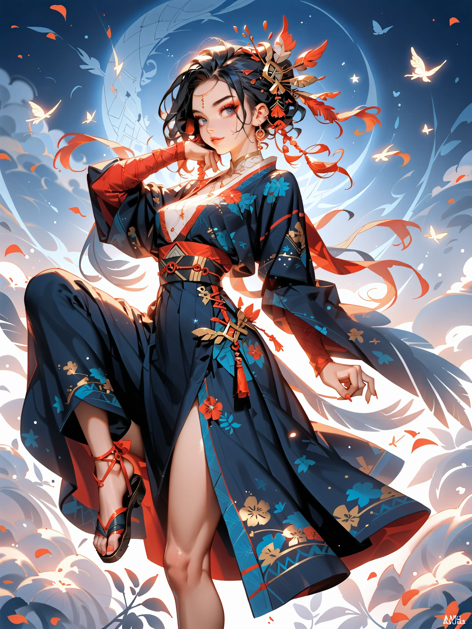 dynamic pose(Foldable Silk Fanを優雅に開き、dancing Japanese dance,)Beautiful age girl illuminated by the moon(A deep smile, black hair,slender figure,supple and curved proportions that glow in Prism School's rainbow colors）A large amount of rainbow-colored particles swirl around the center。
(Foldable Silk Fan)、(Sumptuous gold thread embroidered cherry blossoms and auspicious patterns、The finest red silk kimono、)Gold-embellished hairpin、Sandals。
Weeping cherry blossoms 、Cherry blossom petals soar in large numbers,Jet black night sky 、starry sky。
An anime picture that looks like it was drawn by a top illustrator。
