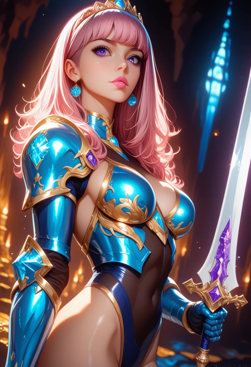 Close-up of a woman in pink latex costume holding a sword, dark eye shadow, smooth pink armor, WLOP glossy skin, WLOP and ArtGerm, divine rendering, thicc, extremely detailed ArtGerm, pinup. King of the Daggers, WLOP Rossdraws, inspired by the legendary master of St. Lucy, IG Model | Art Germ, by Oliver Sheen