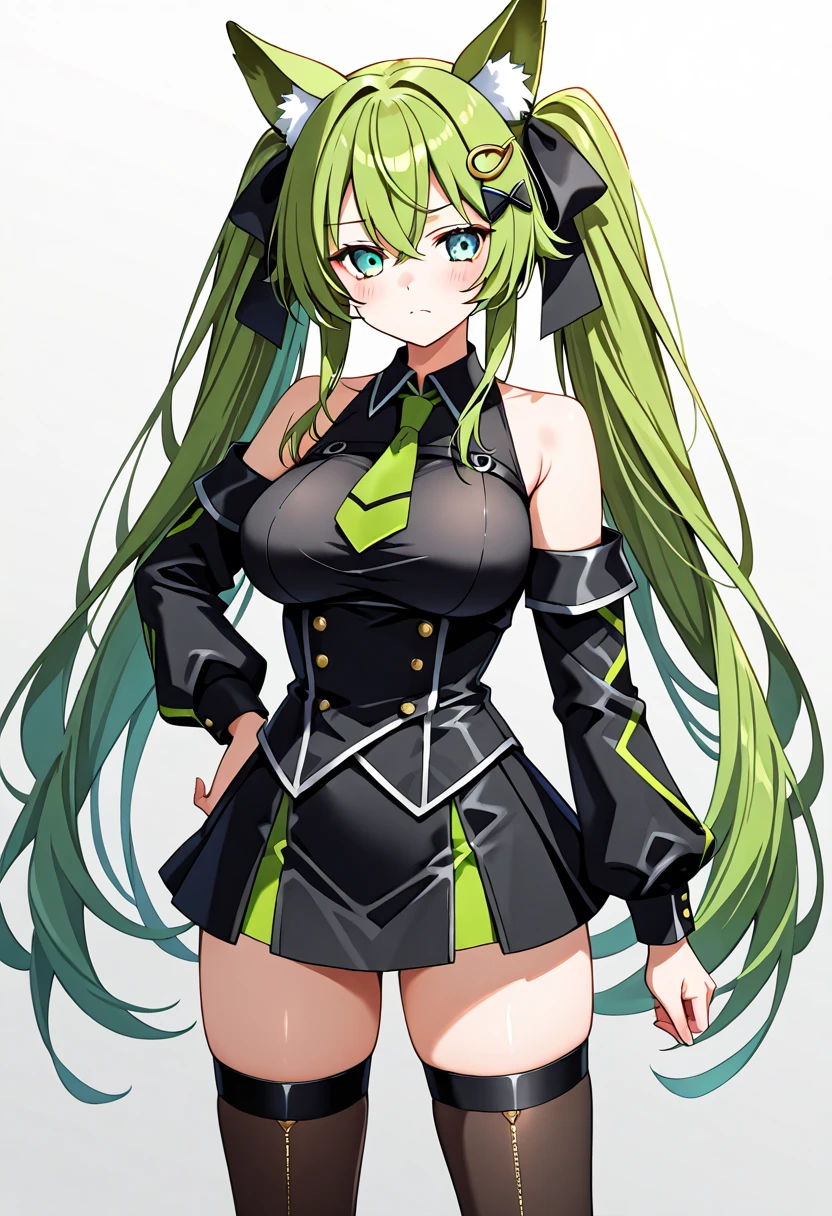 Kizi, highr, high school senior,pupils,Green hair,Green hair color,Bluish cast, Open chest and breasts,Blue_and_Green hair, Detailed beautiful eyes,navy blue eyes, evilsmile, medium boob, Open navel,Bigchest ,Big breasts Thin waist,teens girl,Tsundere,haughty,medium thigh,Fleshy legs, Long legs,校服, Japan School Uniform,JK school uniform,Long black stockings,Hi Silk, Detailed clothes, tmasterpiece,charact,Dejected,Hi Yinran,Dull hair,