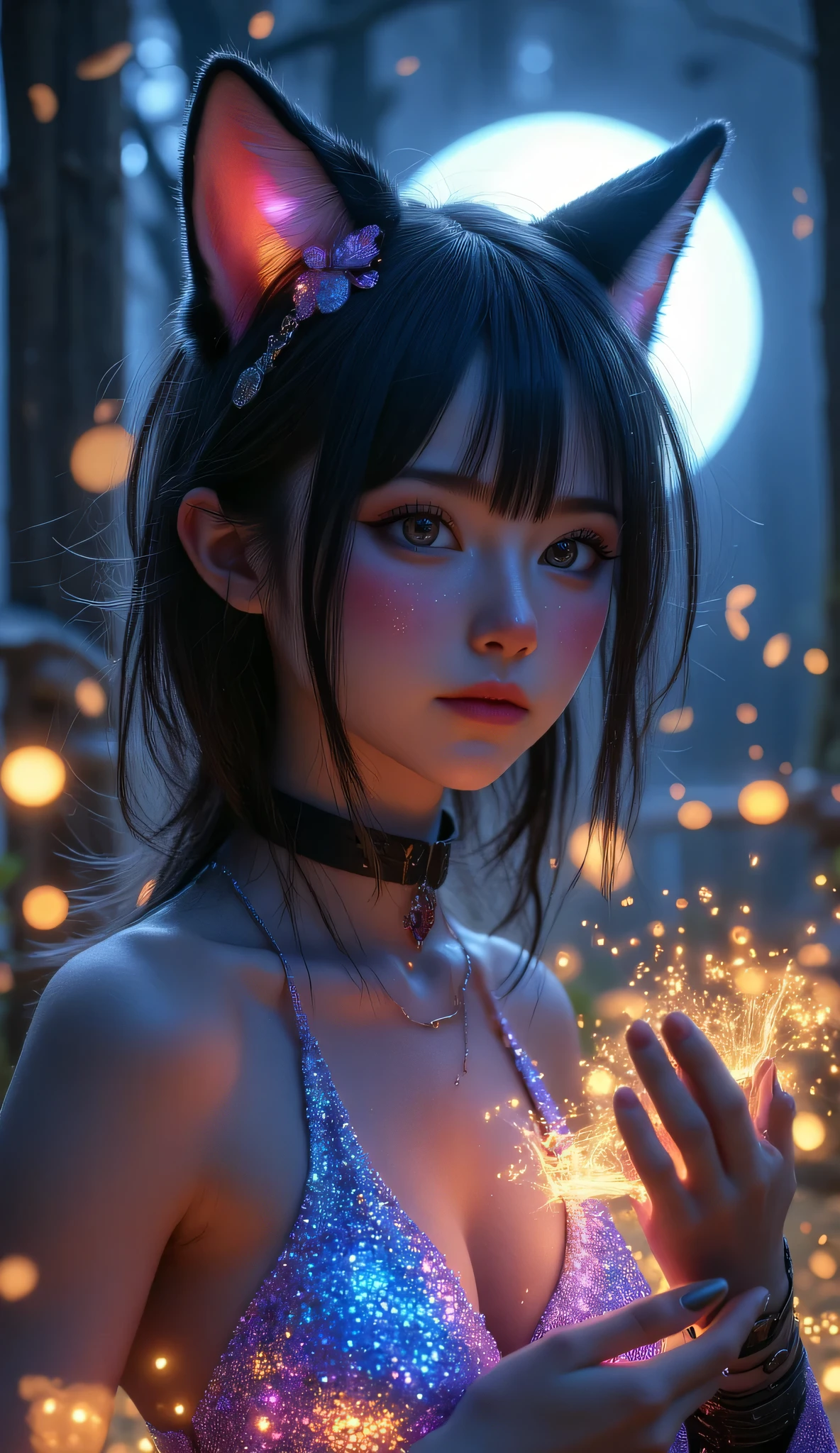 A girl with the features of a she-wolf howls at the moon in a sexy dress that is glittered on her face she has freckles on her chest, the fairy lies around the pollen, the girl's ears glow in different colors, the girl has a collar around her neck, the girl smiles her eyes are very bright