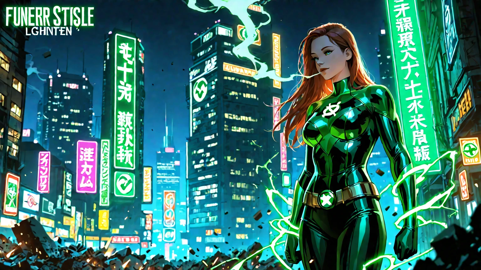 A cinematic scene, Woman dressed as DC Green Lantern, extremely detaile, Future cityscape, during night, glowing neon lights, smokes, spark of light, Metal shavings, Flying debris, blue energy effects, volumettic light