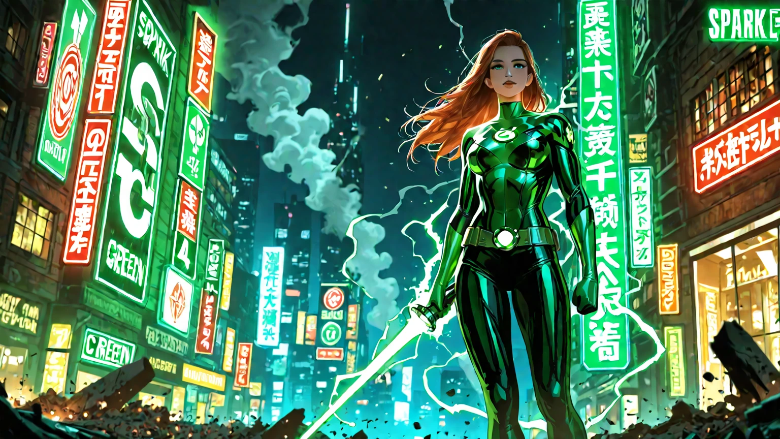 A cinematic scene, Woman dressed as DC Green Lantern, extremely detaile, Future cityscape, during night, glowing neon lights, smokes, spark of light, Metal shavings, Flying debris, blue energy effects, volumettic light
