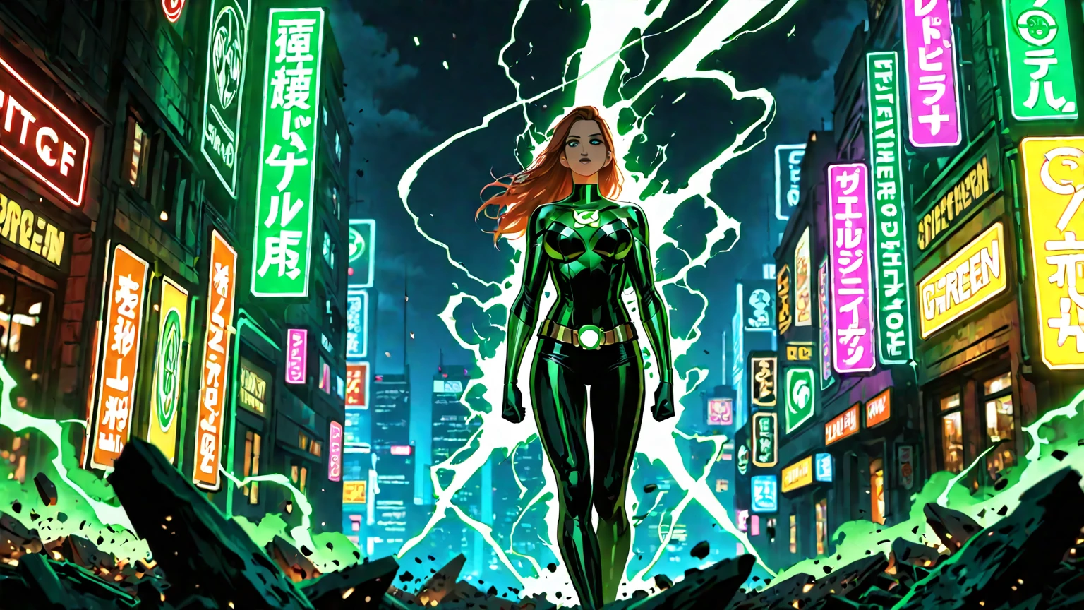 A cinematic scene, Woman dressed as DC Green Lantern, extremely detaile, Future cityscape, during night, glowing neon lights, smokes, spark of light, Metal shavings, Flying debris, blue energy effects, volumettic light