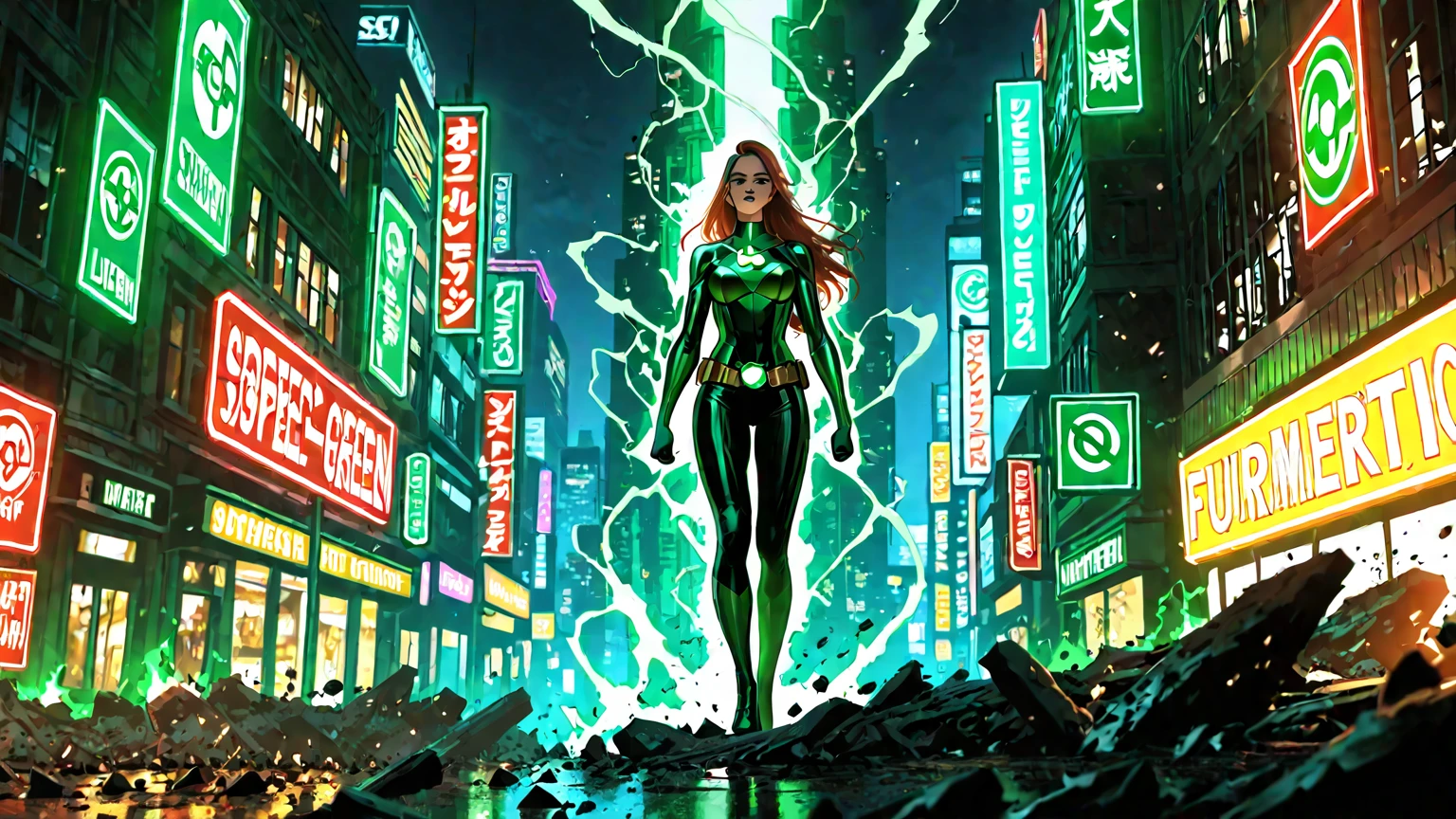 A cinematic scene, Woman dressed as DC Green Lantern, extremely detaile, Future cityscape, during night, glowing neon lights, smokes, spark of light, Metal shavings, Flying debris, blue energy effects, volumettic light