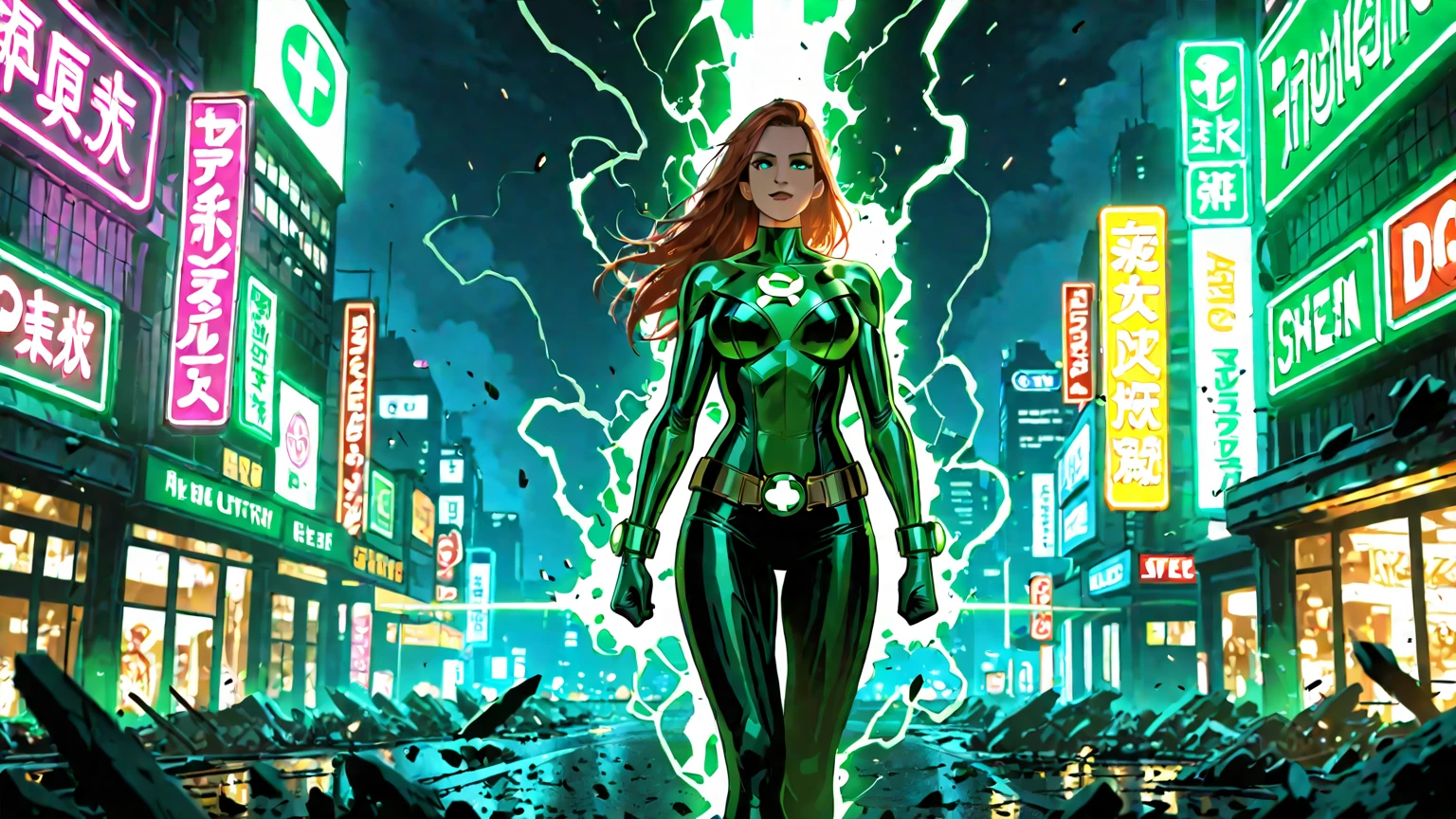 A cinematic scene, Woman dressed as DC Green Lantern, extremely detaile, Future cityscape, during night, glowing neon lights, smokes, spark of light, Metal shavings, Flying debris, blue energy effects, volumettic light