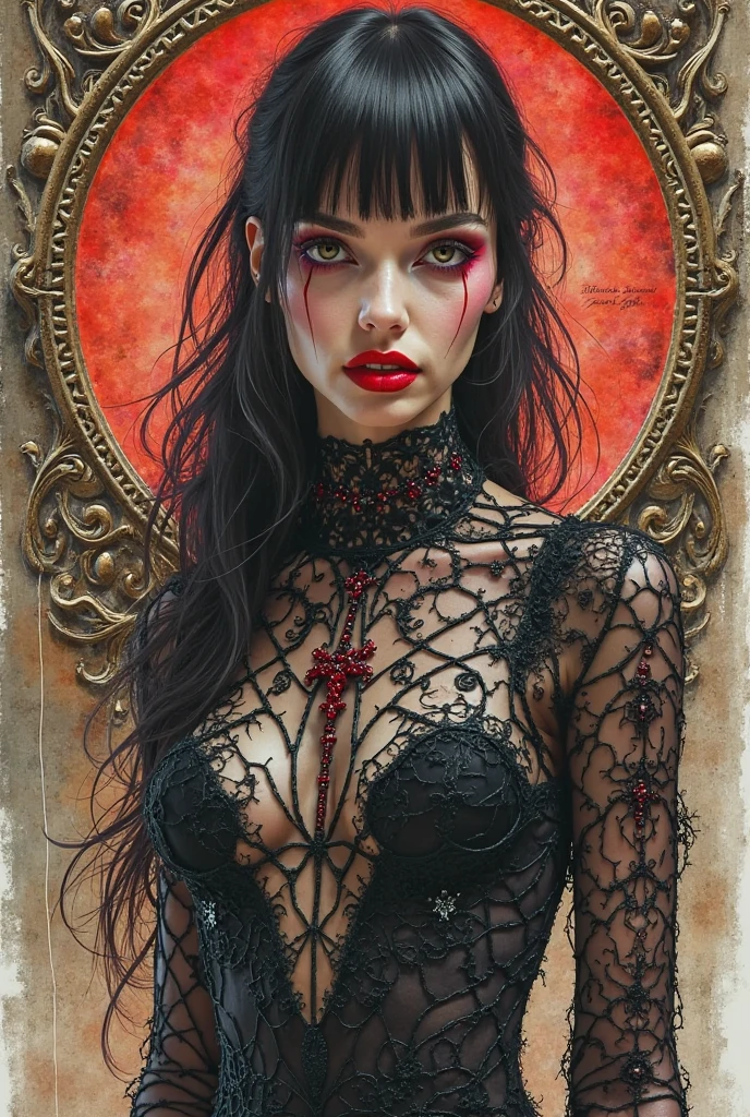 she is a queen of darkness, queen of terror, horror, blood, sexy, eroticism, lascivious, ✨🤟😁🤗😍😆👍🙌✨👩👩👦👦sex sex sex ✨✨ ❗ 🙏😁❤, surrealism, impressionism, (best quality, 4k, 8k, high resolution, masterpiece: 1.2), ultra-detailed, (realistic) , photorealistic, photorealistic: 1.37), intricate details, vivid colors, sharp focus, professional, Artwork by Dave McKean, oil touch of surrealism, oil painting style, portrait, woman, beautiful detailed eyes, beautiful detailed lips, dreamy atmosphere, shadow play, soft lighting, playful pose, dark tones, ethereal background, fantasy elements, texture, layered composition.