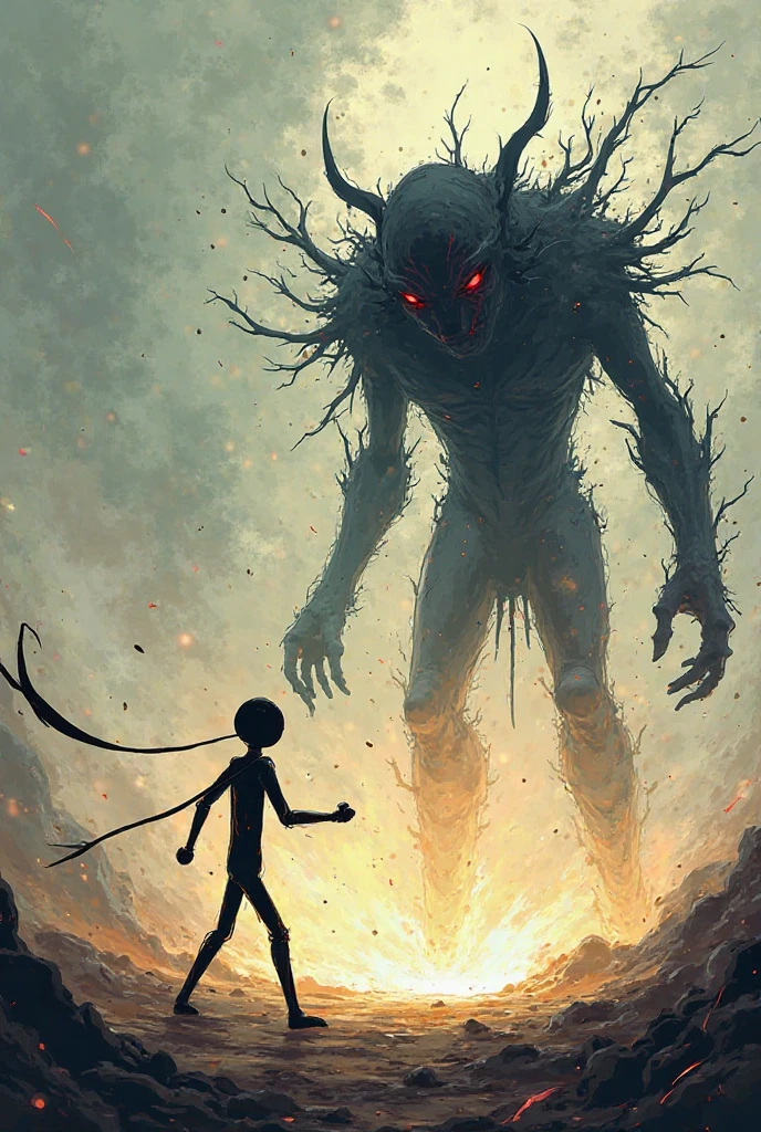 A peaceful dreamscape suddenly turns into a nightmare. The sky darkens, flowers wither, and a shadowy, amorphous creature begins to emerge, advancing towards A boy with sh ort brown hair wearing a green shirt, white t-shirt, beige pants and sneakers . He looks terrified as he tries to escape. The scene is tense, with the shadow dominating the frame, representing fear and danger.