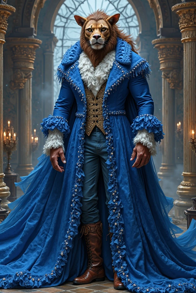 Create beast costume from Beauty and Beast with ruffles and rhinestones blue long coat 