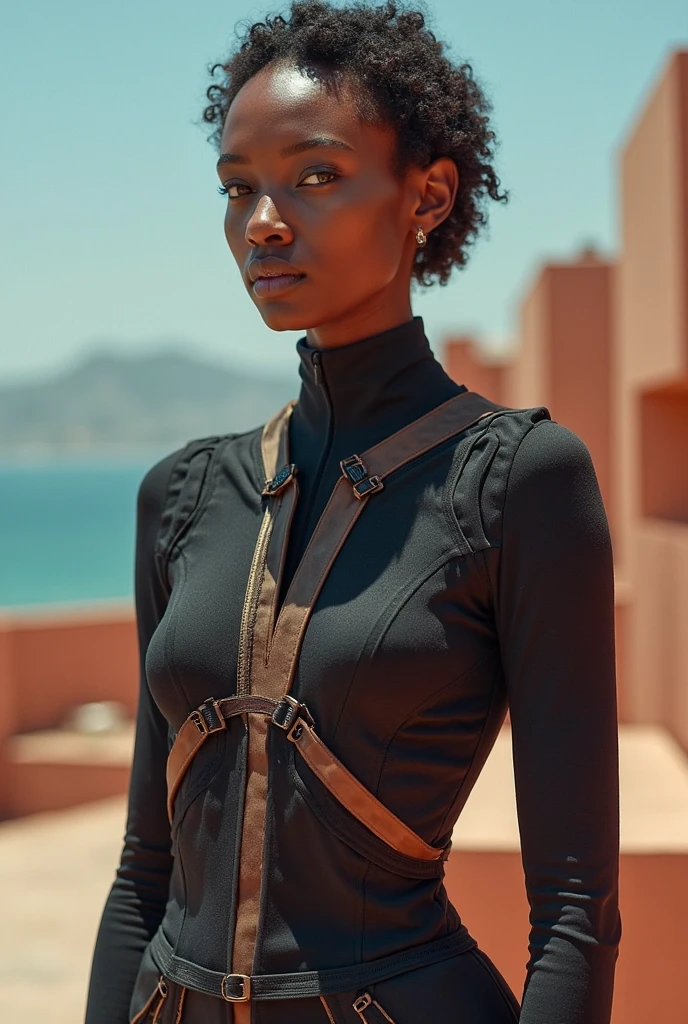 (score_9:0.6) score_8_up, sunset, chiaroscuro, film grain, photo, realistic, cinematic film still,
1girl, african woman, thin, skinny, curly bun, brown eyes,perky breasts, cleavage, aaliyah cassie, dark skinned female, (muscular legs:0.7), tattoos,
futuristic cyber armor, urban street wear,
dynamic, motion blur, movement,
(backlighting:0.6), rimlight,
dust, arid desert landscape, settlement on the horizon