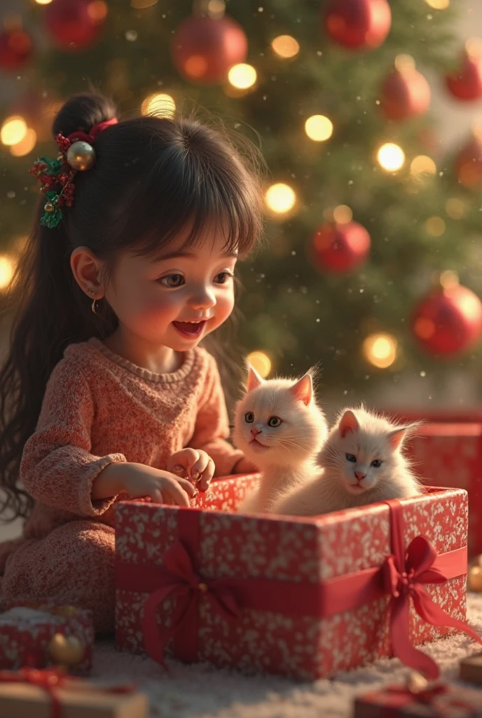 Open gift box under the tree..., beautiful cute fluffy kitten in a gift box, the girl looks with delight at the kitten in the box and rejoices, kitten looks at girl, the whole situation evokes joy and tenderness, pay attention to the girl’s enthusiastic emotions, the girl really wanted to receive a kitten as a gift and her wish came true, it gives her a lot of emotions, caused by the fulfillment of her childhood dream, higly detailed, Octane Render, ..3d