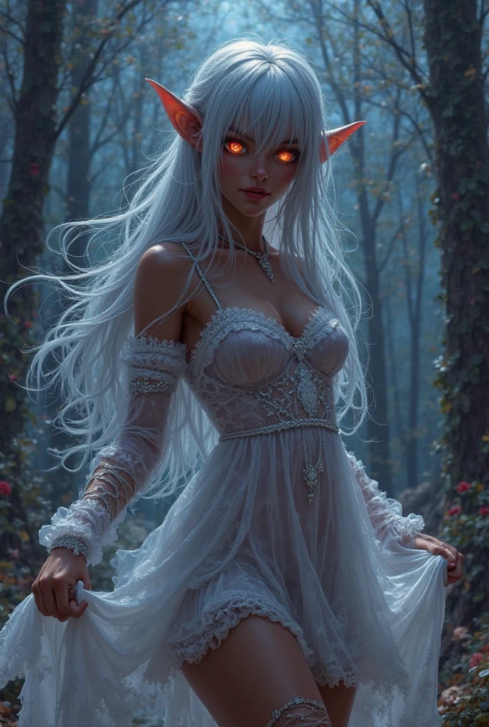 photoillustration of sexy elf, shiny purple eyes, exposed, transparency clothes on her body, iconic stance, dramatic shadows, dramatic lights, interlacing elements, front below view low angle shot, fantasy art, two tones, opposite-opponent digital manipulated photo art, ultra-detailed, crisp clarity, high-contrast, luminous ambiance, rich textures, intricate patterns, vivid colors, cinematic lighting, accurate anatomical proportions. realistic digital art, highly detailed vfx portrait, amazing art, amazing digital art, hyperrealistic fantasy art