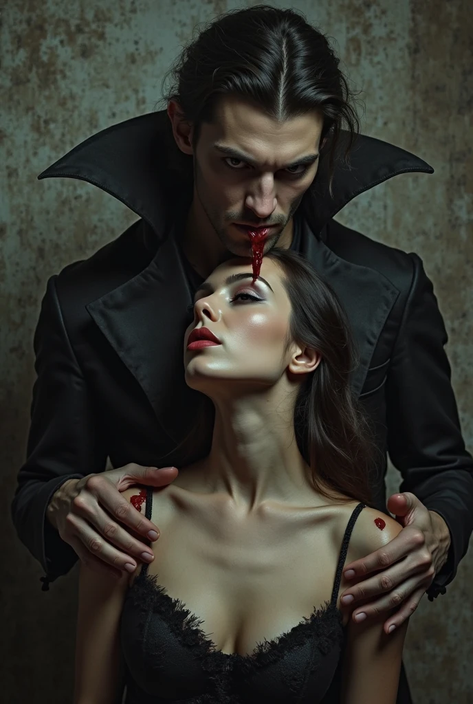 vampire man drinking blood from neck of naked countess, pale skin,,Full body photo,cowboy lens,Cinematic lighting effects