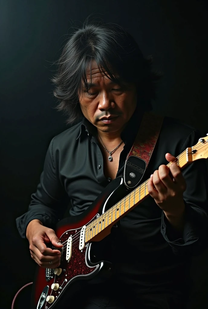 bongbong marcos, playing electric guitar, skewed face, photorealistic portrait, hyperdetailed, dramatic lighting, moody atmosphere, cinematic, intricate facial details, intense expression, dynamic pose, reflective chrome guitar, dark background, dramatic shadows, dramatic highlights, deep color palette, chiaroscuro