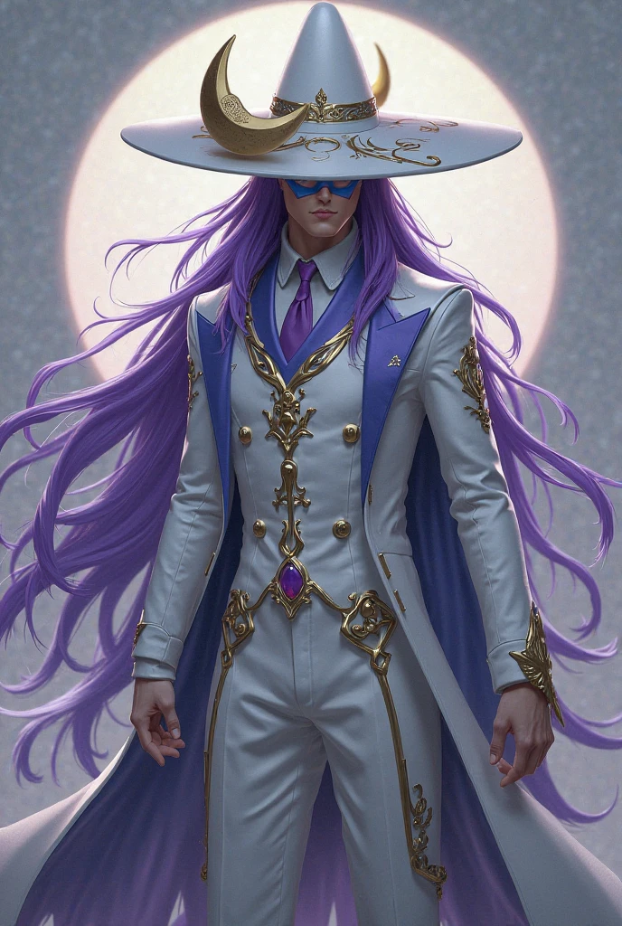 A character who is a man from Free Fire with a white hat with a moon design long purple hair mask light blue and purple long suit white with gold and blue and who says down murder507_FF
