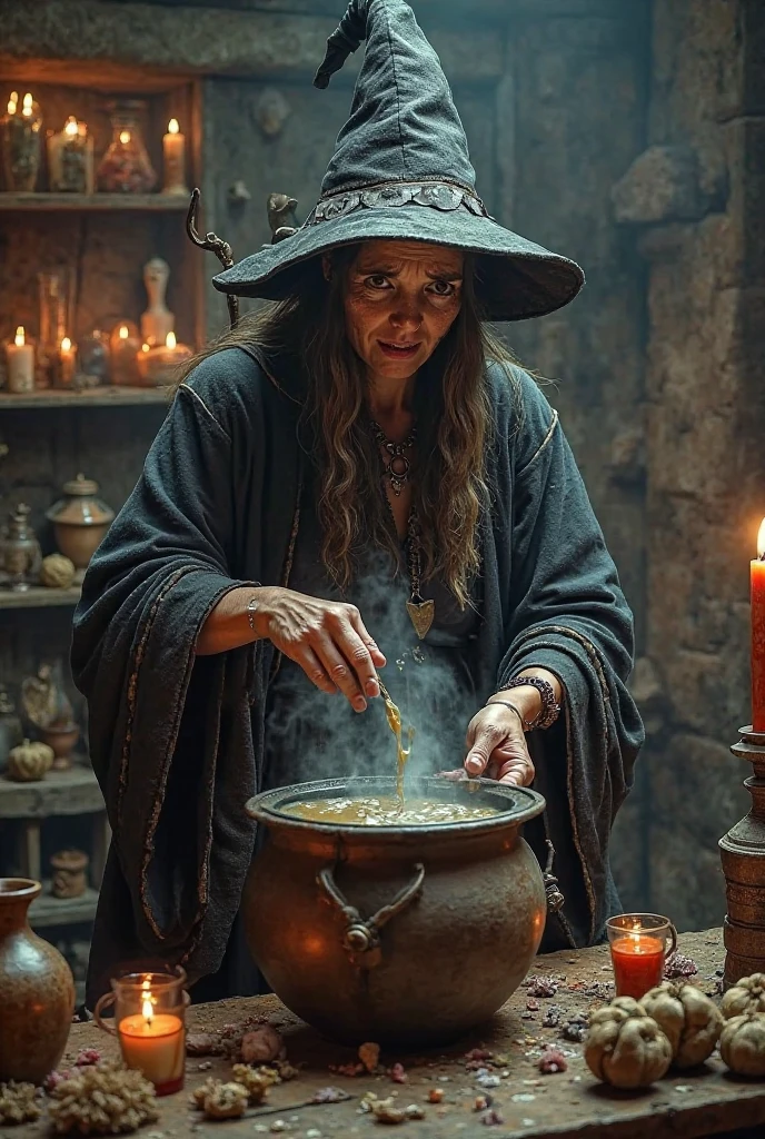 portrait of fat large bellied old warty woman pouring a mysterious green liquid into a bubbling cauldron filled with body parts, medieval kitchen, steam <lora:xl_more_art-full_v1:0.8>