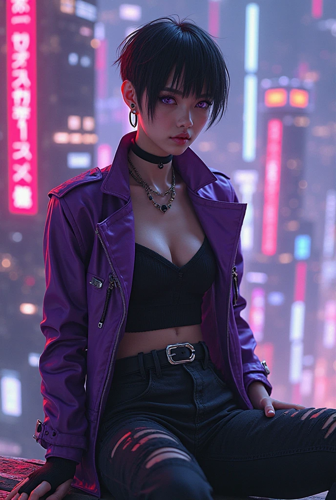 (1girl:1.3),solo,__body-parts__, official art, 8k unit wallpaper, ultra detailed, close-up on face, beautiful and aesthetic, gorgeous, masterpiece, best quality, fantastic atmosphere, calming palette, quiet mood, soft shading, priestess Miko, charm spell, family talisman, priestess duties, dark aesthetic, suit and tie with black leather shorts with many chains around the body and a black leather jacket,  Tokyo city in the background, (messy short purple hair),