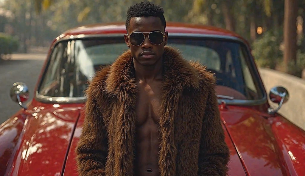 Forty year old black man, very elegant and sophisticated, strong athletic build, with a goatee, wearing jewelry and a modern bowler hat, polar bear fur coat,  shirtless and white underwear, social socks.
Italian loafer shoes in gold and white with black diamond stone details. The initials DL are written on the hat band. The model is sitting on a throne with her legs slightly crossed.,holding a wooden staff, with diamonds and gold on top, in the middle of the swiss alps 