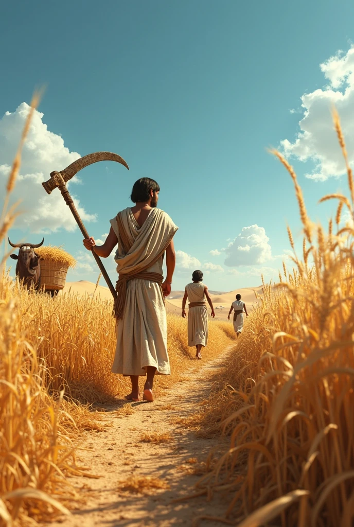Ancient Egyptian men harvesting flax for linen production, bundling the tall stalks into sheaves, style agriculture vietnam. Cartoon digital art illustration --ar 4:5 --v