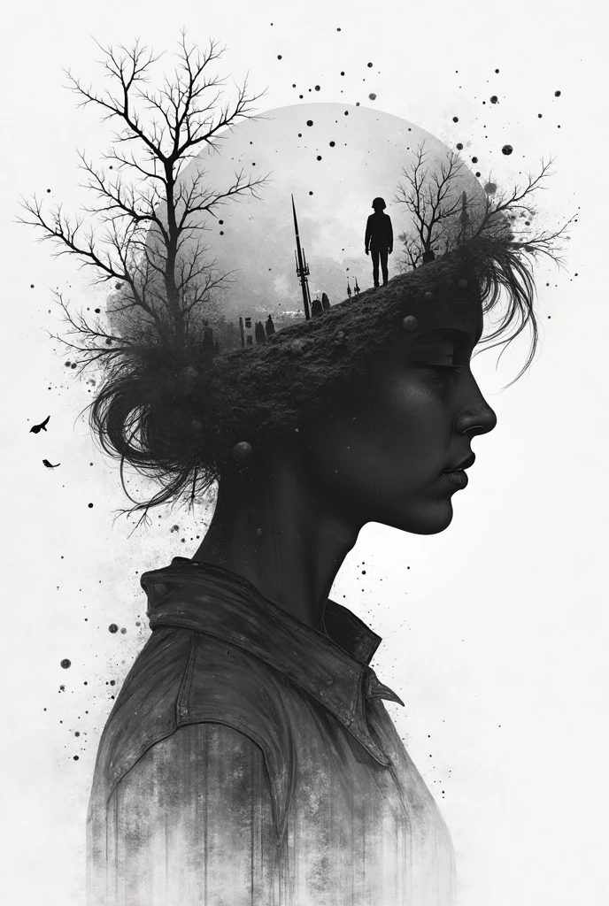 Silhouette humaine morcelée
Un visage en profil, fragmenté ou fissuré, se dissolvant dans une fumée ou un champ de batte
Style : Dessin au fusain ou aquarelle sombre, double exposition.
Locataire principal un drapeau en lambeaux
Une main tendue, tenant un drapeau effiloché qui se transforme en volée d'oiseau
Style : Illustration à l'encre ou gravure minimaliste.
Champ de bataille métaphorique
Un paysage désertique où des soldats en ombres portées se confondent avec des racines, des barbelés ou des branches mortes.
Style : Esquisse détaillée avec effet de contraste fort.
Horloge fissurée et éclatée
Une horloge brisée au centre, où les aiguilles sont des lames ou des balles, représentant le temp
Style : Dessin symbolique en noir et blanc, inspiration surréaliste.
Plan Cité en ruine avec un enfant en premier
Un enfant debout au milieu d'un décor apocalyptique, tenant une fleur ou un objet anodin (balle, jouet), contrasté
Style : Mélange de réalisme et d'onirisme, effet crayonné ou peinture expressive.