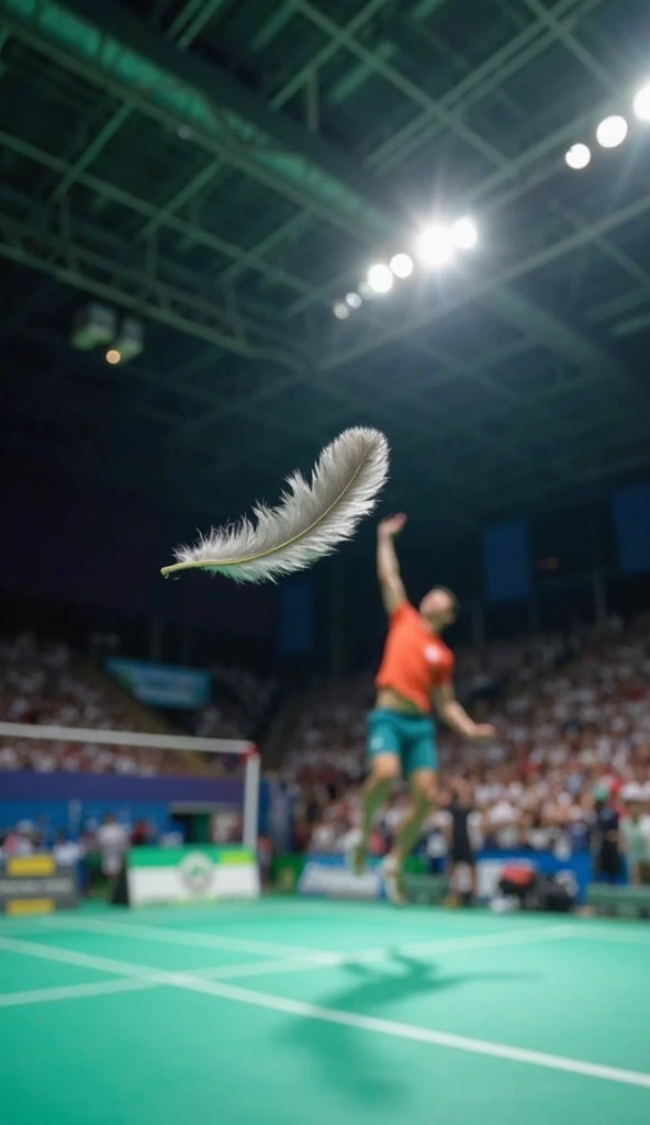 A single feather floating in the air. A badminton player jumping high in the air in the background, attempting a jump smash. The crowd is chanting. The lighting in the badminton court is bright, cinematic and dramatic.