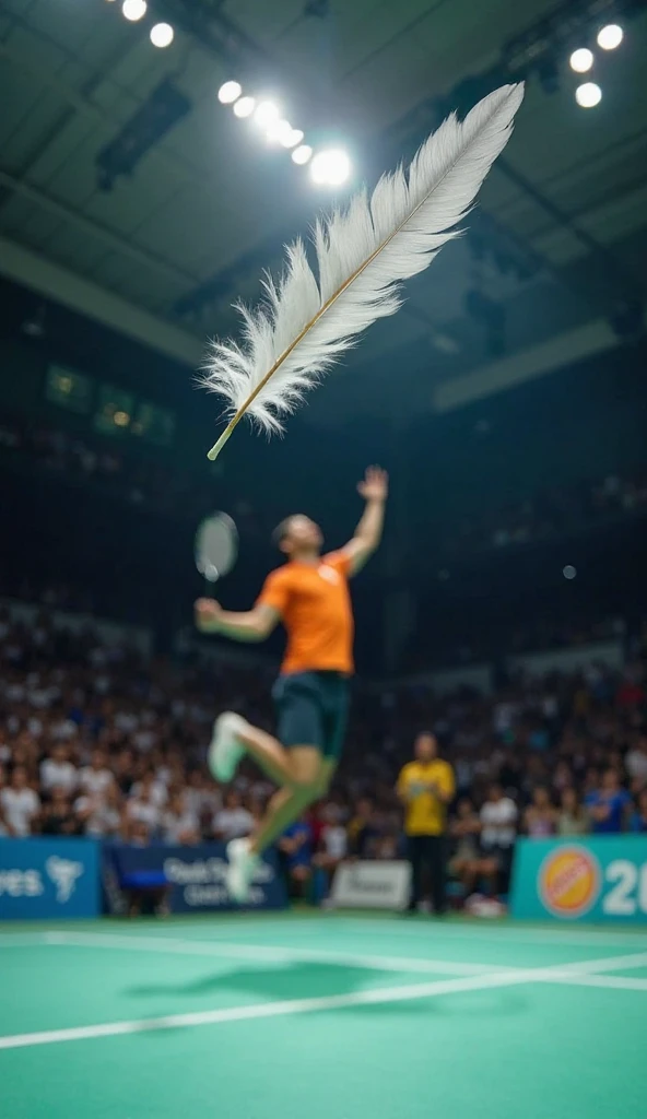 A single feather floating in the air. A badminton player jumping high in the air in the background, holding a badminton racquet, attempting a jump smash. The crowd is chanting. The lighting in the badminton court is bright, cinematic and dramatic.